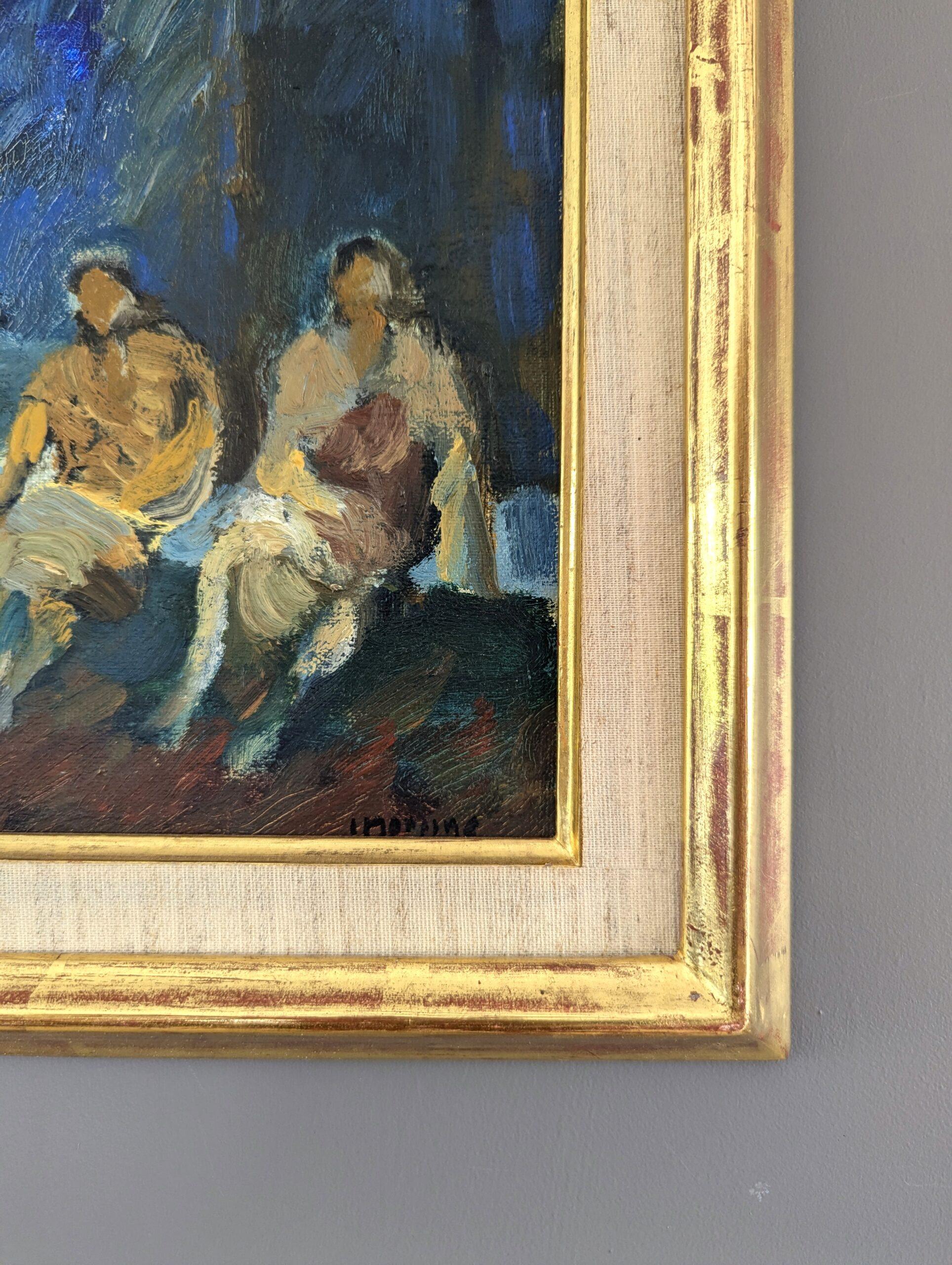 Mini pittura ad olio astratta figurativa incorniciata della metà del secolo scorso - Unspoken Bond 2