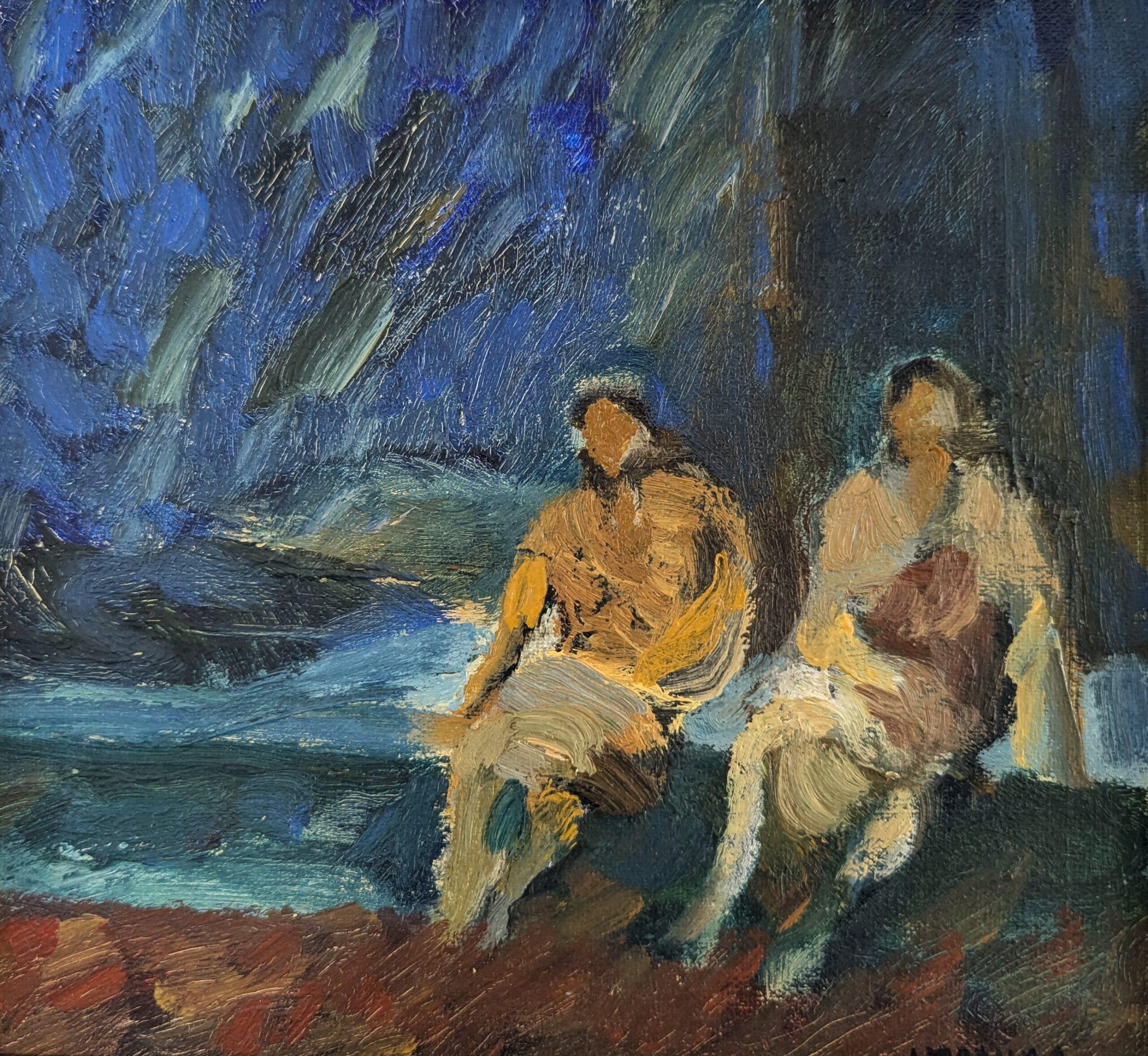 Mini pittura ad olio astratta figurativa incorniciata della metà del secolo scorso - Unspoken Bond 3