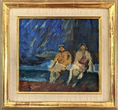Mini pittura ad olio astratta figurativa incorniciata della metà del secolo scorso - Unspoken Bond