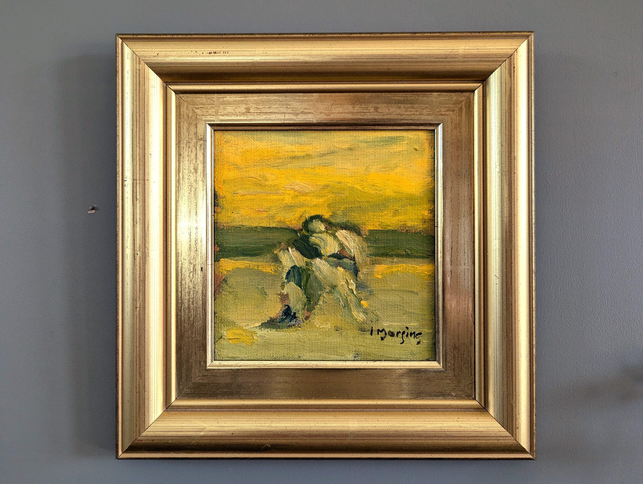 Mini pittura ad olio figurativa astratta d'epoca della metà del secolo scorso - Figura al tramonto - Painting di  Ivar Morsing