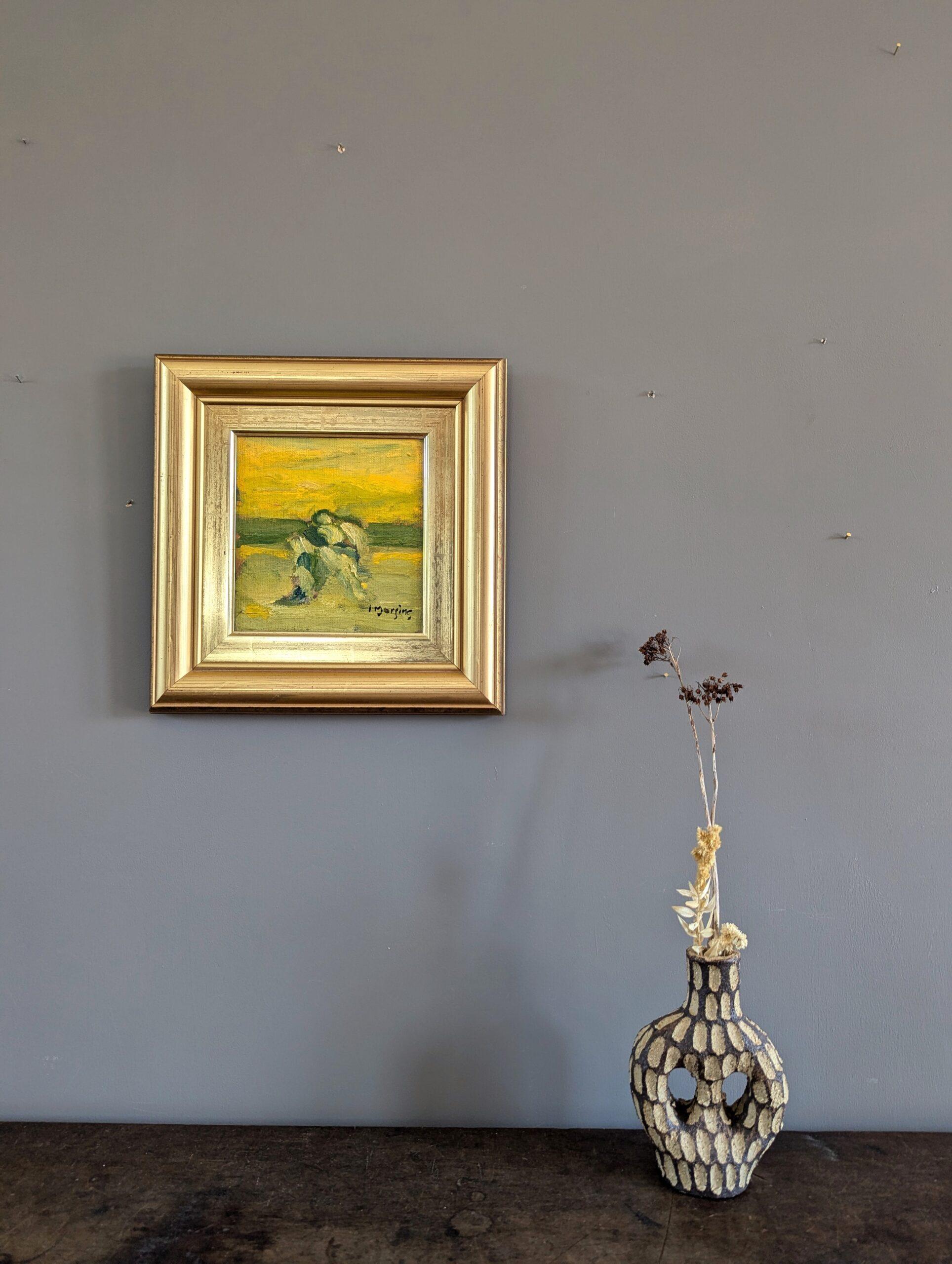 Mini pittura ad olio figurativa astratta d'epoca della metà del secolo scorso - Figura al tramonto - Painting Moderno di  Ivar Morsing
