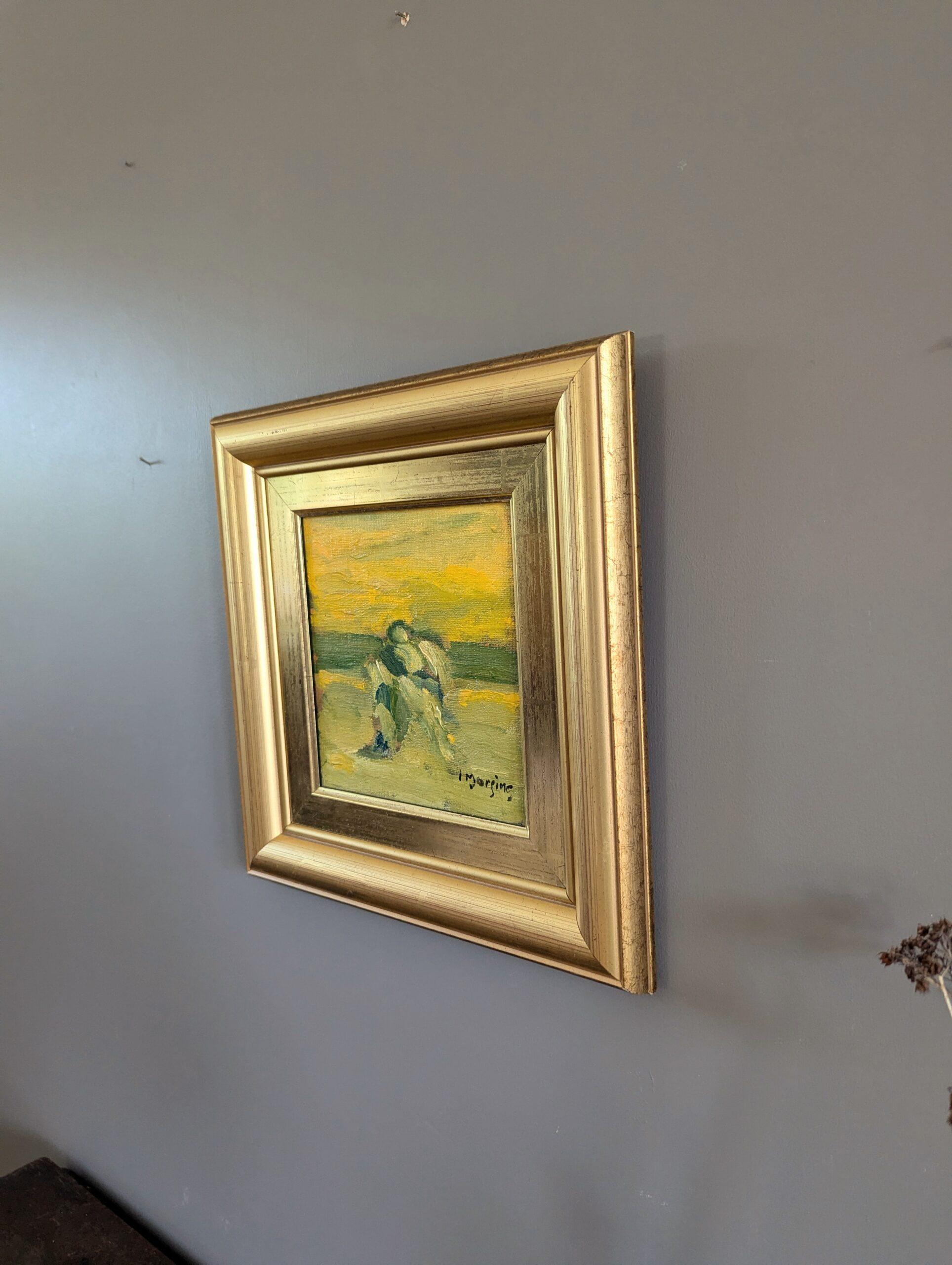 Mini pittura ad olio figurativa astratta d'epoca della metà del secolo scorso - Figura al tramonto 1