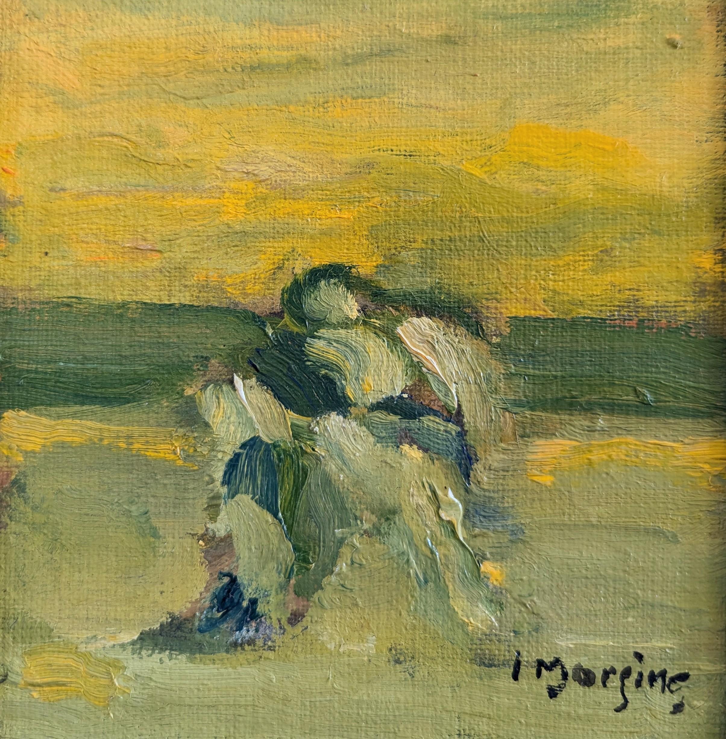 Mini pittura ad olio figurativa astratta d'epoca della metà del secolo scorso - Figura al tramonto 2