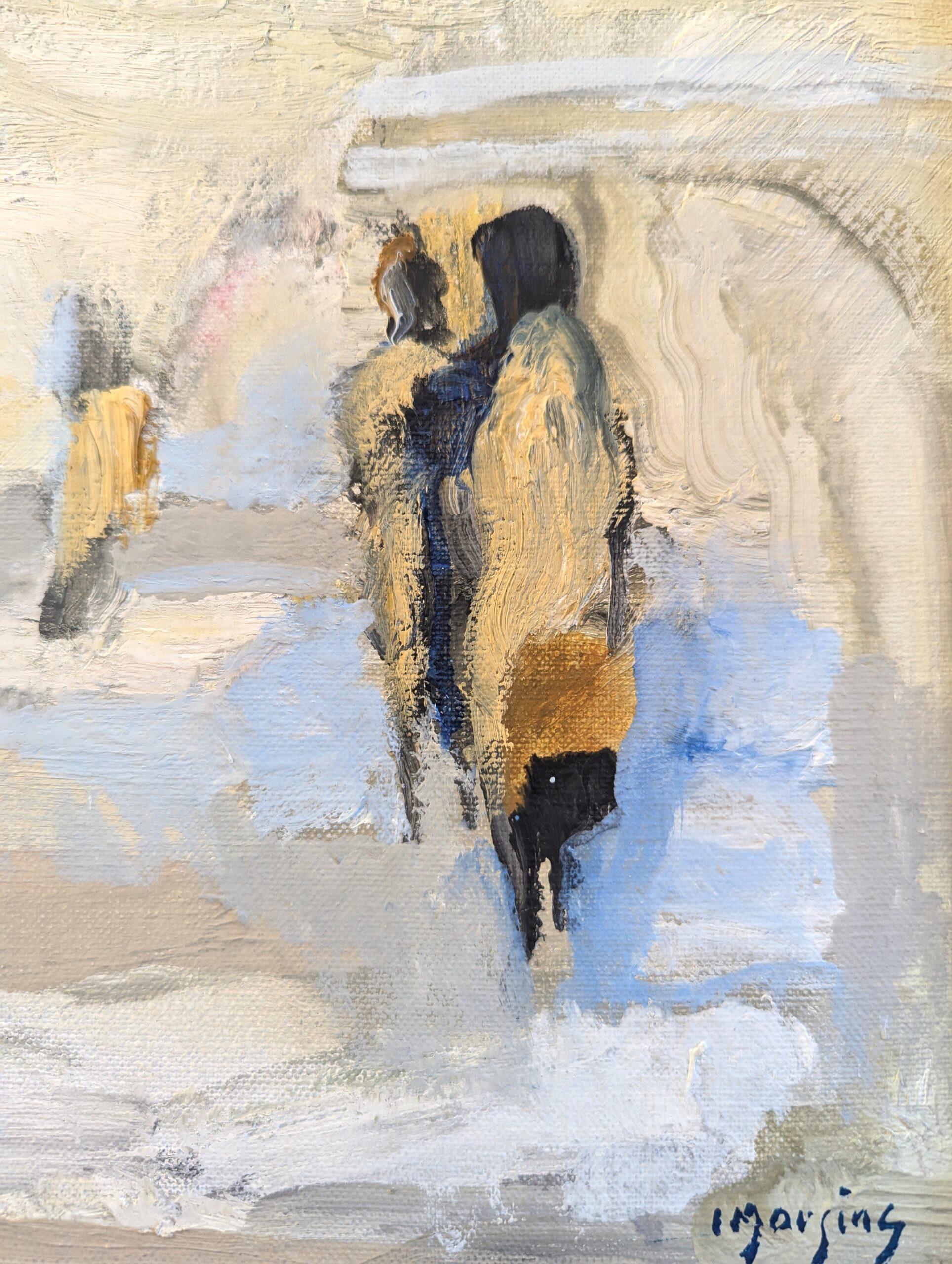 Vintage Mid Century Mini Pintura al óleo abstracta figurativa - Figuras en movimiento en venta 5