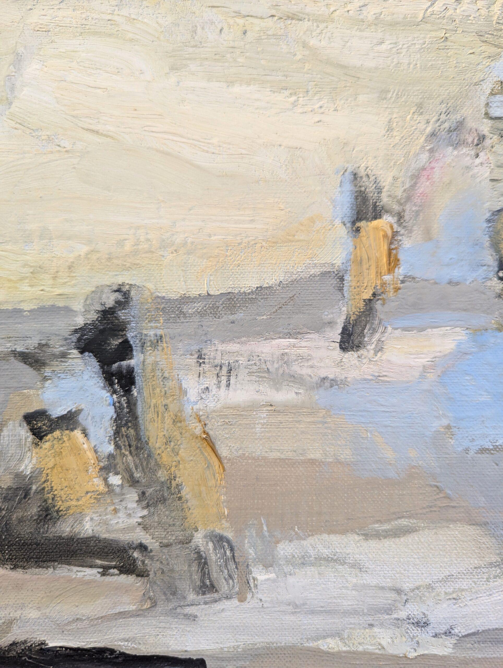 Vintage Mid Century Mini Pintura al óleo abstracta figurativa - Figuras en movimiento en venta 6