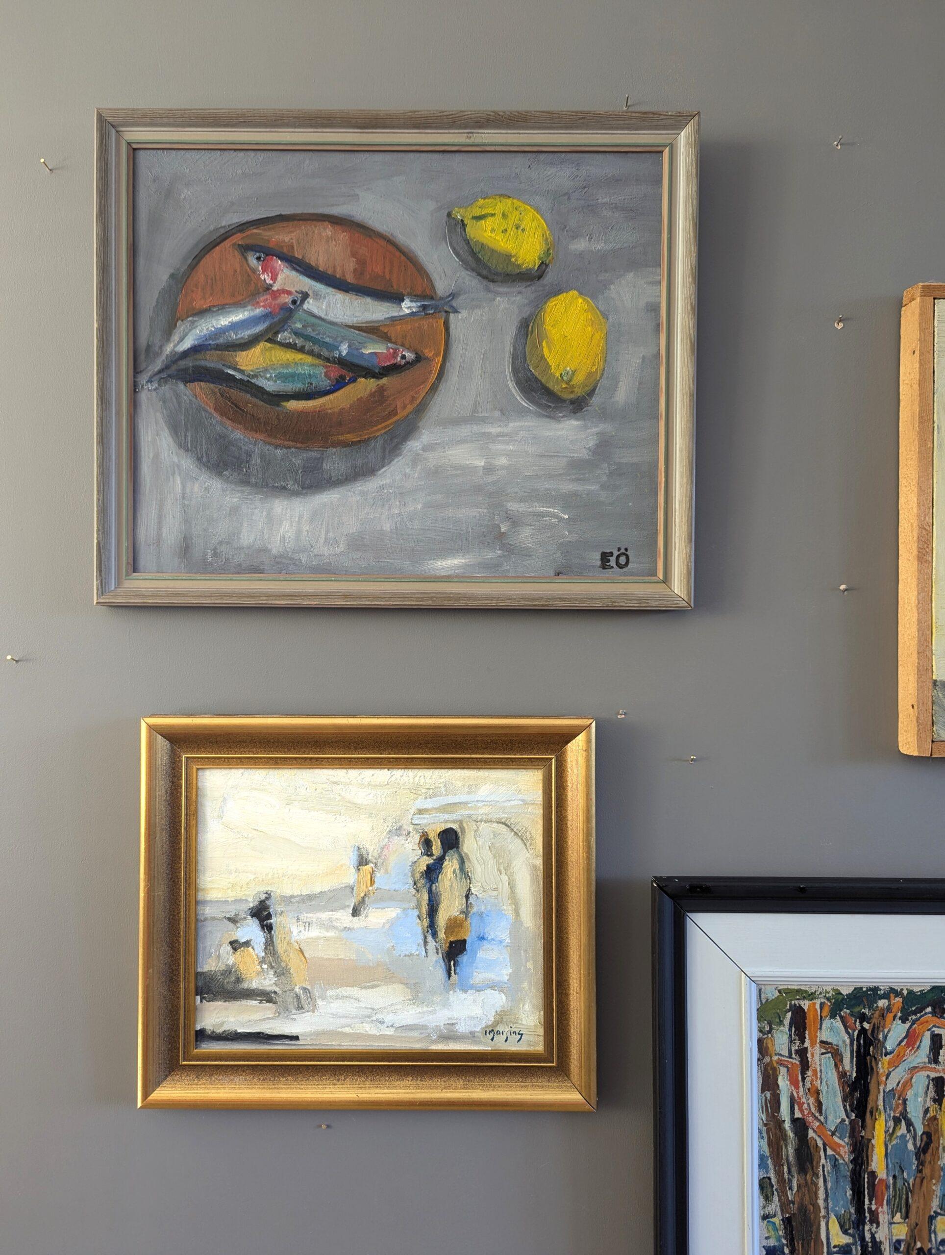 Vintage Mid Century Mini Pintura al óleo abstracta figurativa - Figuras en movimiento - Abstract Painting Beige de  Ivar Morsing