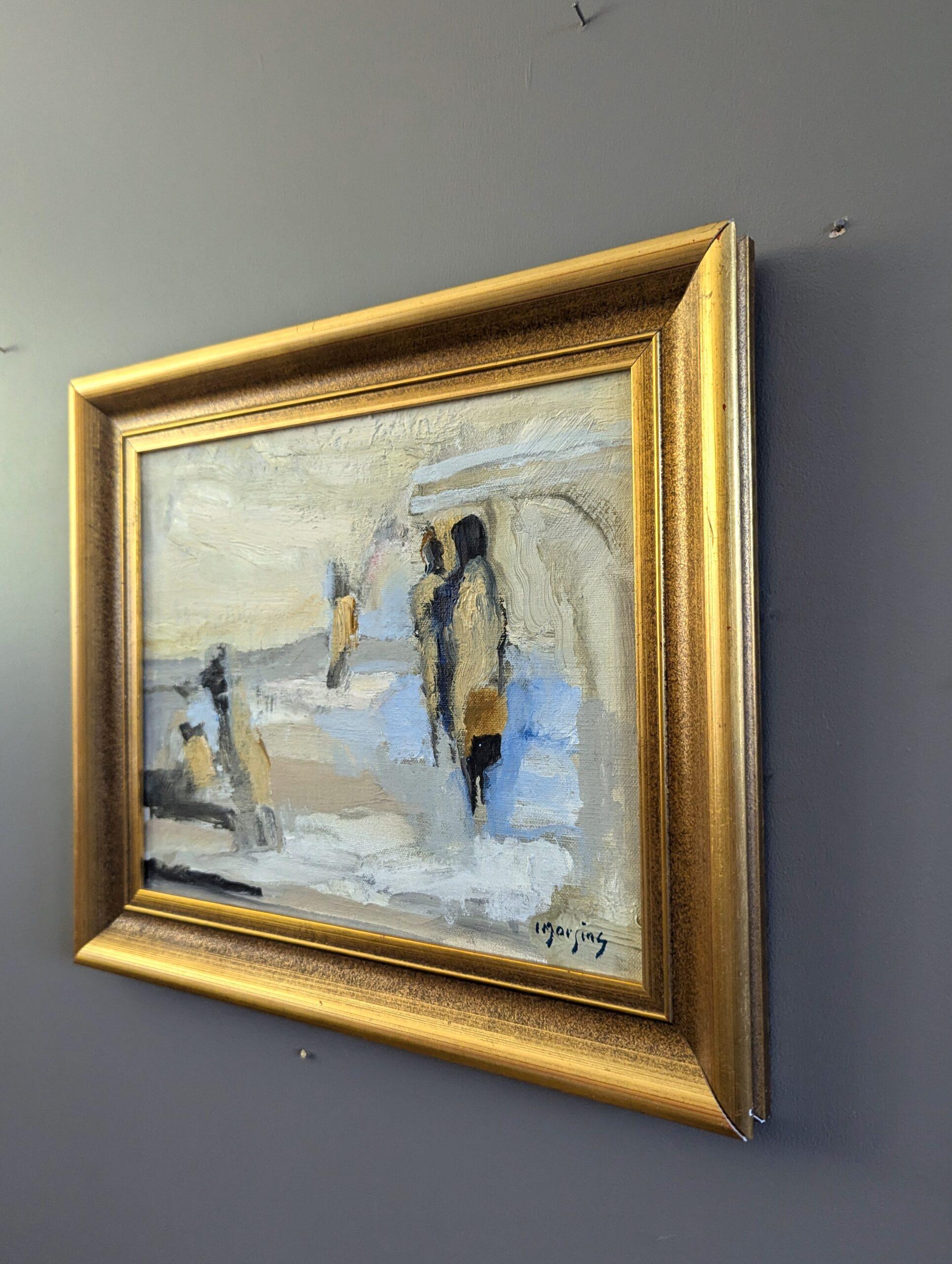 Vintage Mid Century Mini Pintura al óleo abstracta figurativa - Figuras en movimiento en venta 1