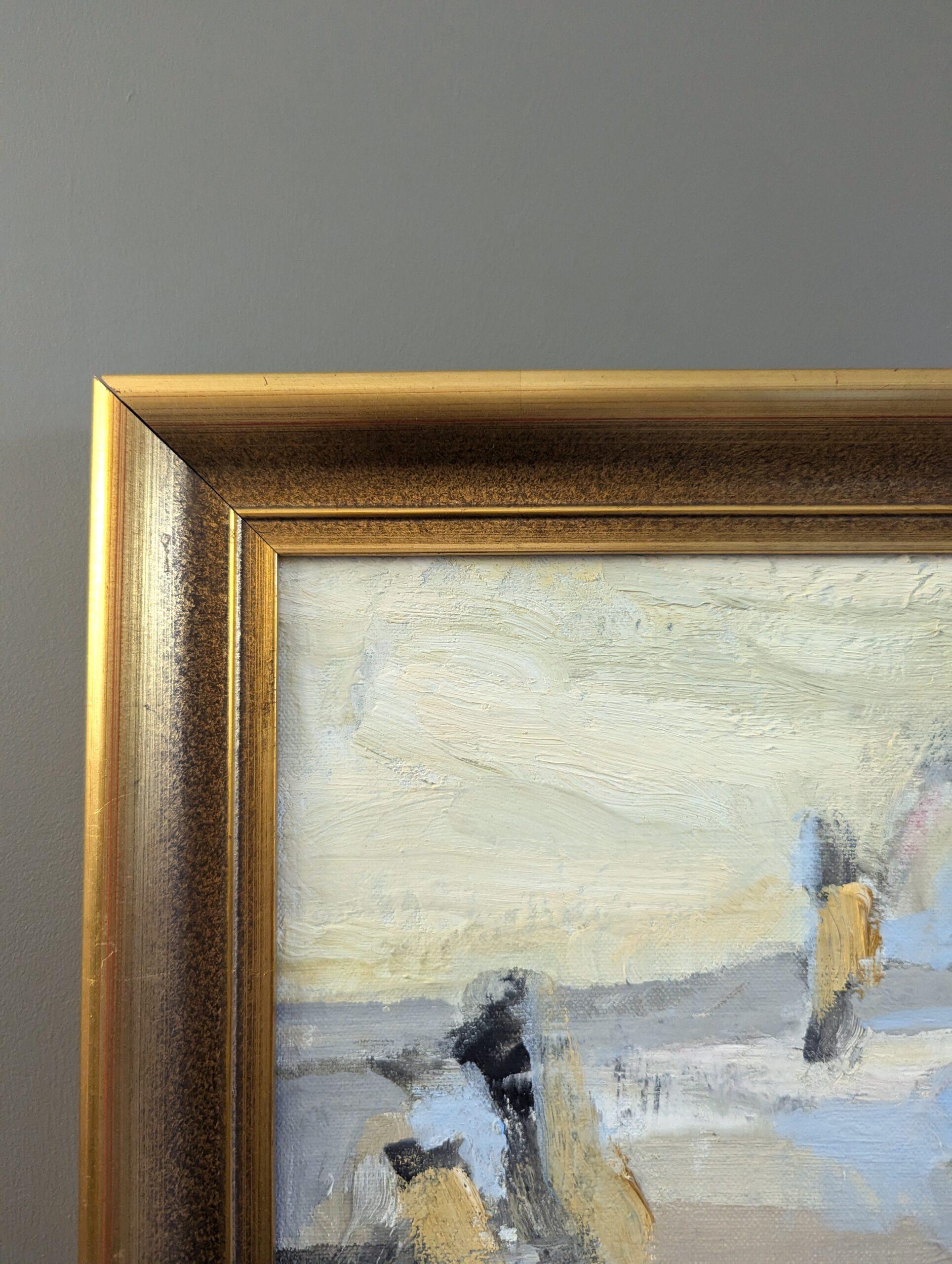 Vintage Mid Century Mini Pintura al óleo abstracta figurativa - Figuras en movimiento en venta 2