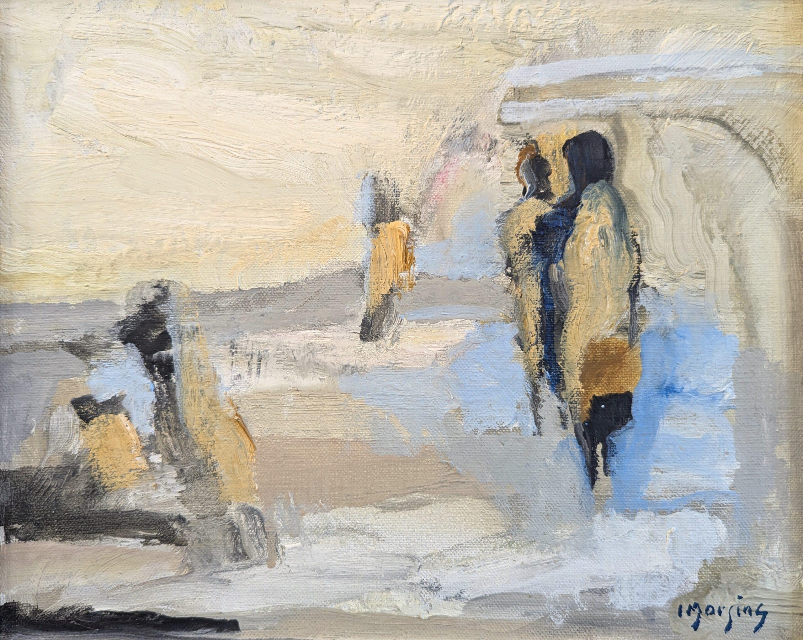 Vintage Mid Century Mini Pintura al óleo abstracta figurativa - Figuras en movimiento en venta 4