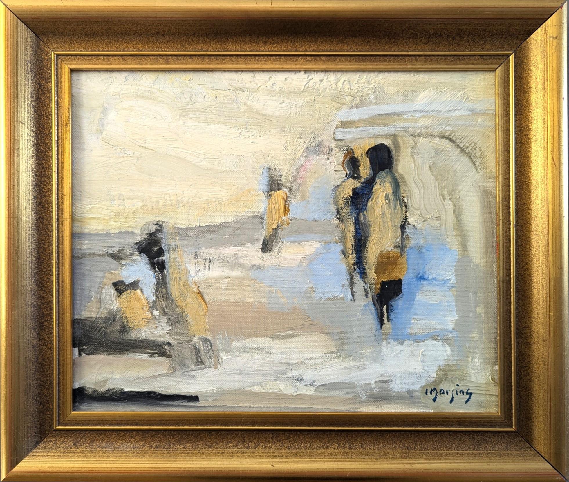 Abstract Painting de  Ivar Morsing - Vintage Mid Century Mini Pintura al óleo abstracta figurativa - Figuras en movimiento