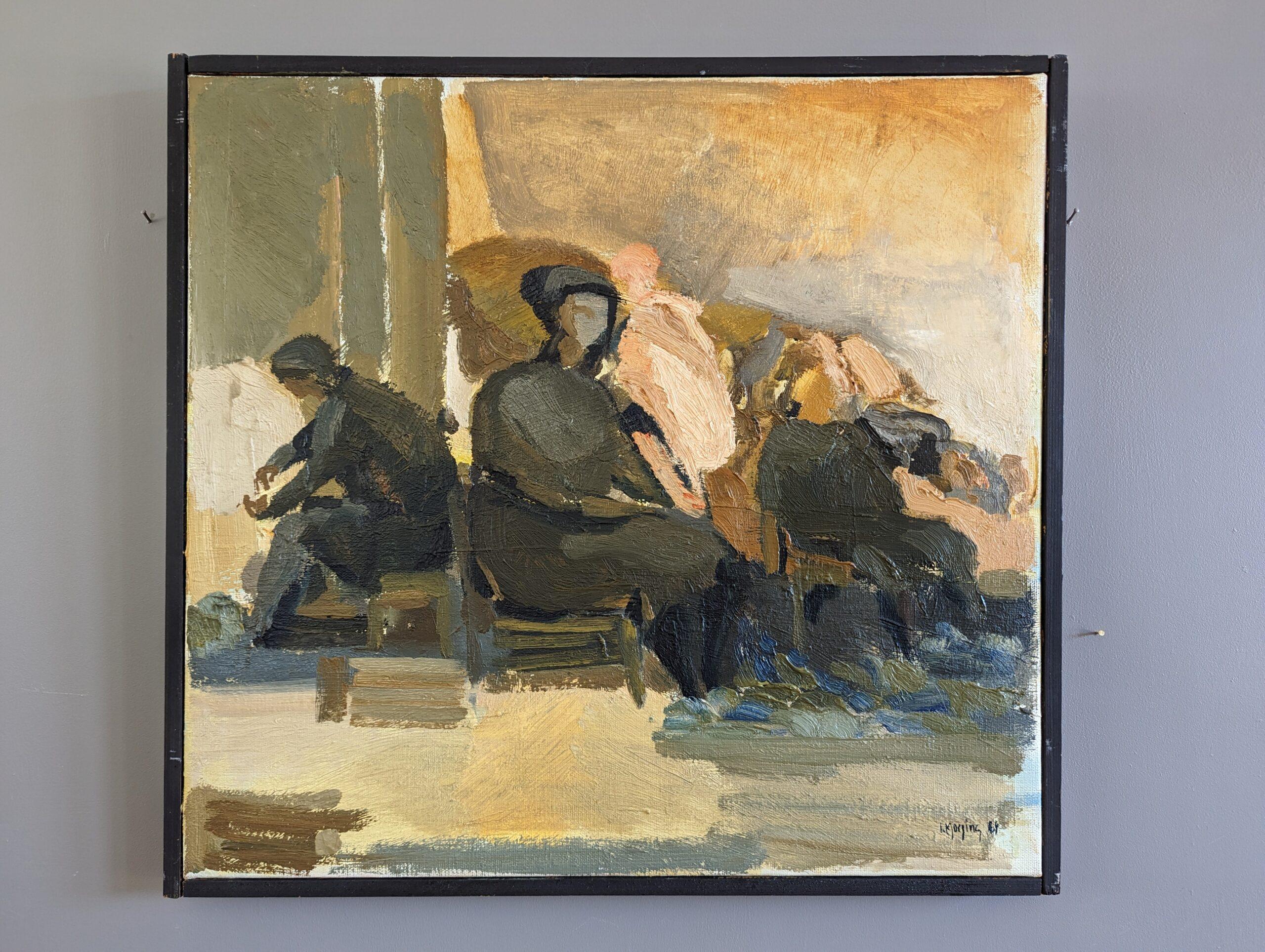 SEATED TRIO
Size: 45 x 48 cm (including frame)
Oil on Canvas

A brilliantly executed semi-abstract figurative oil composition, painted in 1964 by the established Swedish artist Ivar Morsing (1919-2009), whose works have been exhibited in public