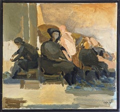 Semi-abstrakte figurative gerahmte Vintage-Ölgemälde, Mid-Century, Mid-Century Vintage, sitzendes Trio