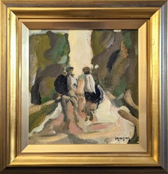 Vintage Mini Mid Century Modern Abstract Figurative Oil Painting - Forest Stroll