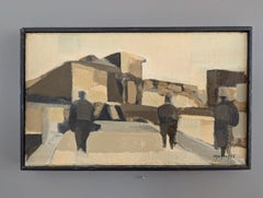 Vintage Modernist Abstract Figurative City Framed Oil Painting- Spanish Walks