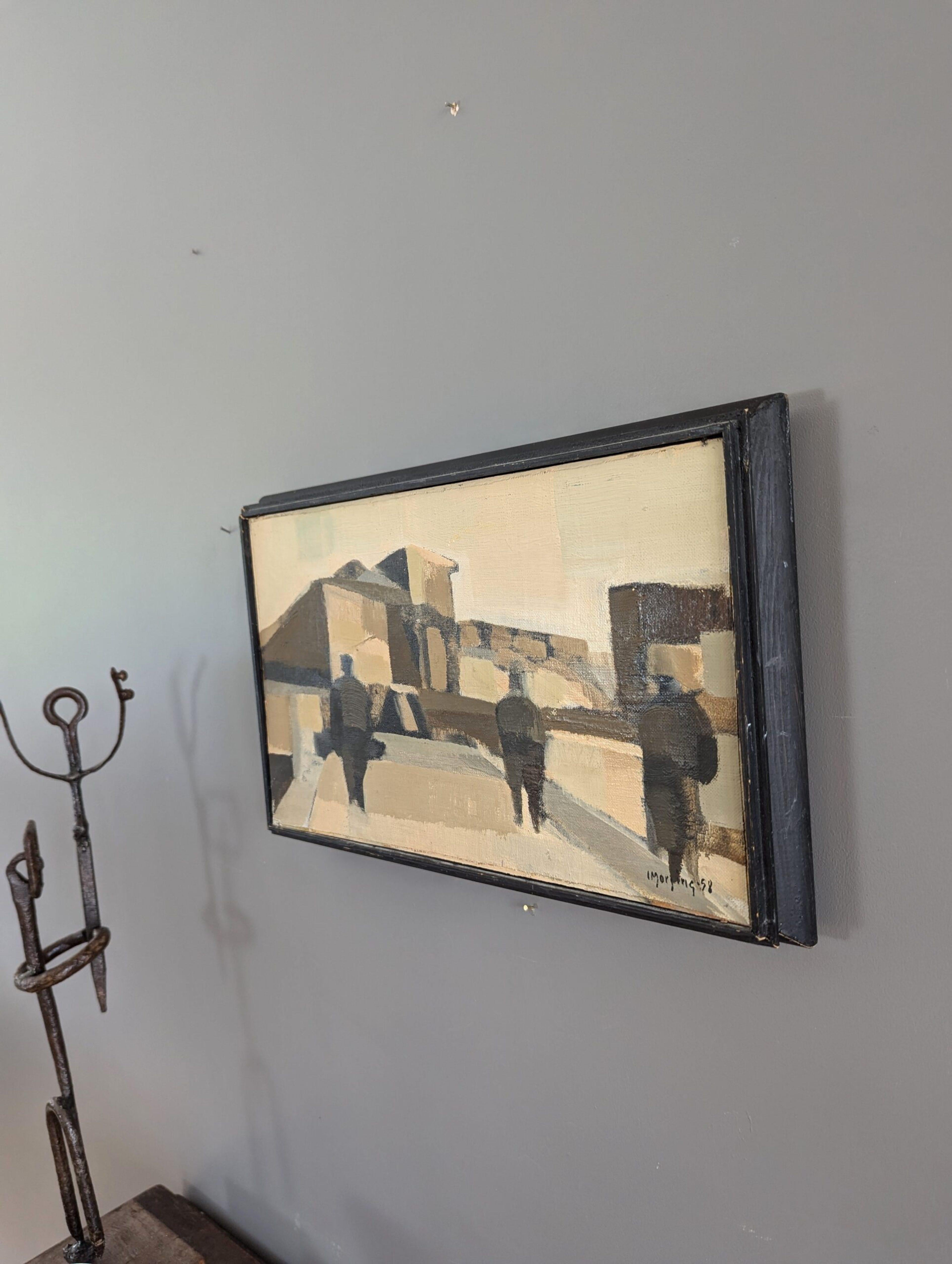 PASSEGGIATE IN SPAGNOLO
Dimensioni: 24 x 37 cm (cornice inclusa)
Olio su tavola

Un'eccezionale composizione ad olio semi-astratta, dipinta nel 1958 dall'affermato artista svedese Ivar Morsing (1919-2009), le cui opere sono state esposte in