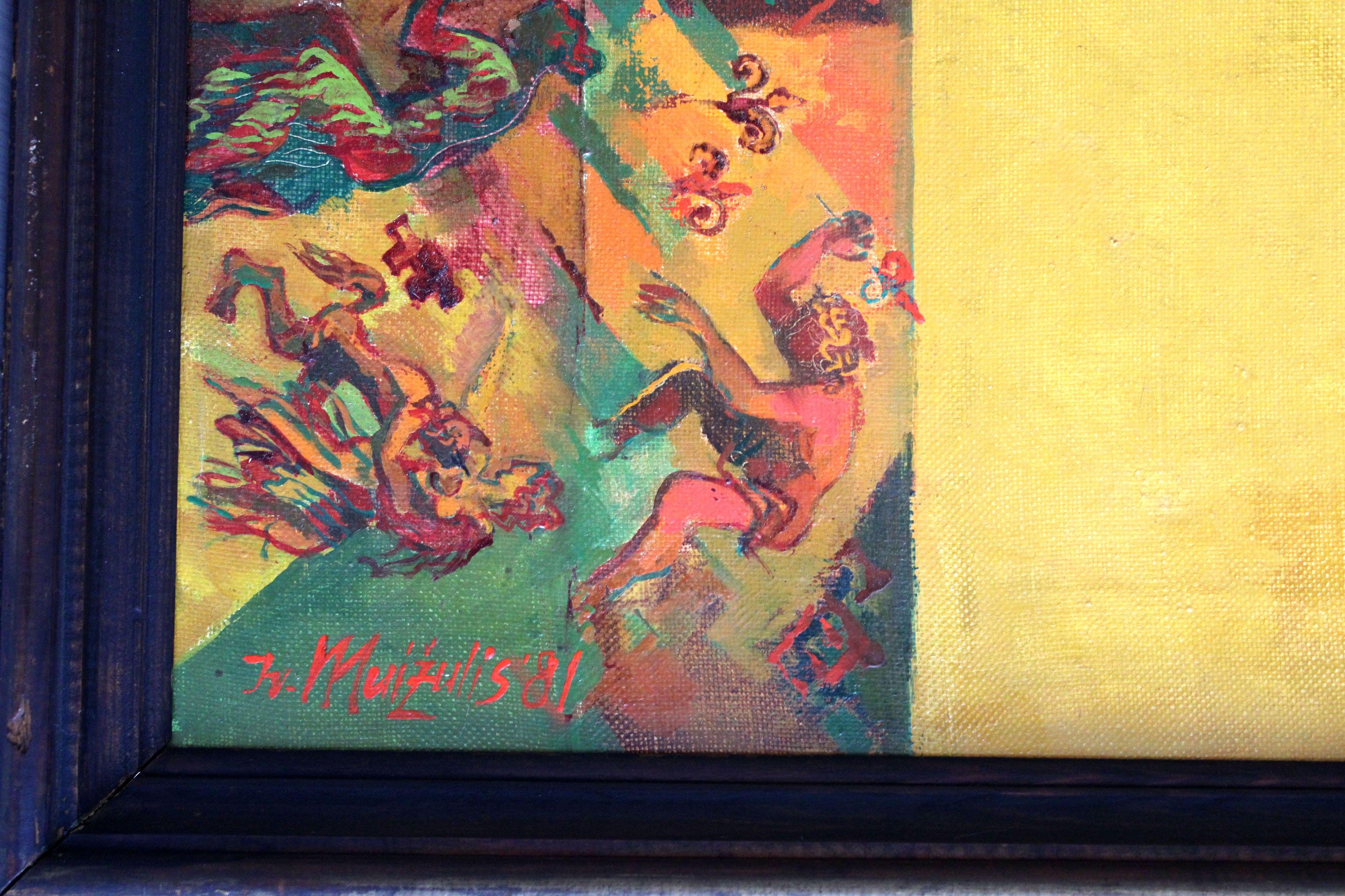 Ícaro. 1981. Óleo sobre lienzo, 100x150 cm - Figurative Painting Naranja de Ivars Muizulis 