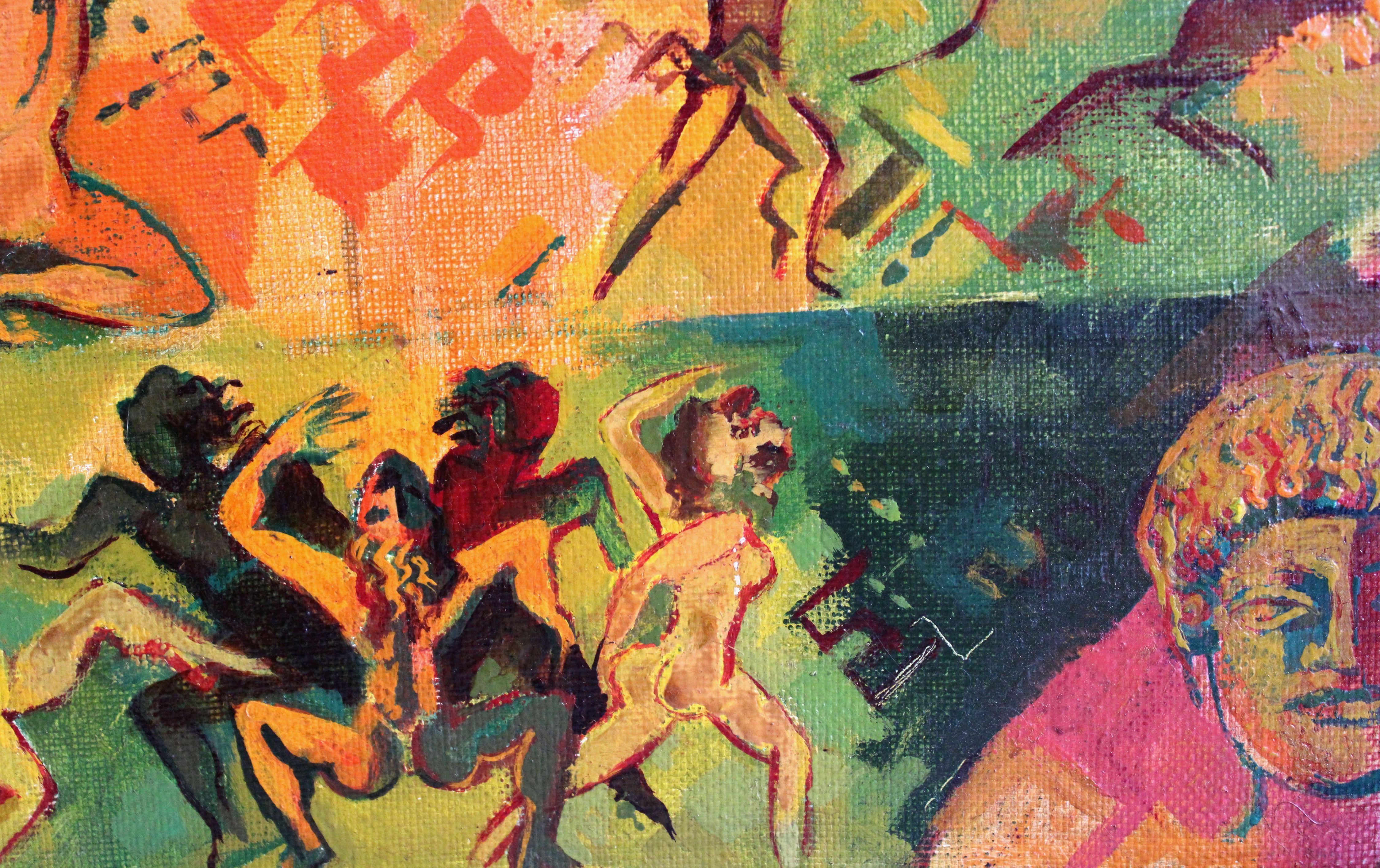Ícaro. 1981. Óleo sobre lienzo, 100x150 cm

Este cuadro representa una escena surrealista con una figura humana invertida, que simboliza una caída o descenso, lo que da a la composición una sensación de movimiento y dramatismo. La figura,