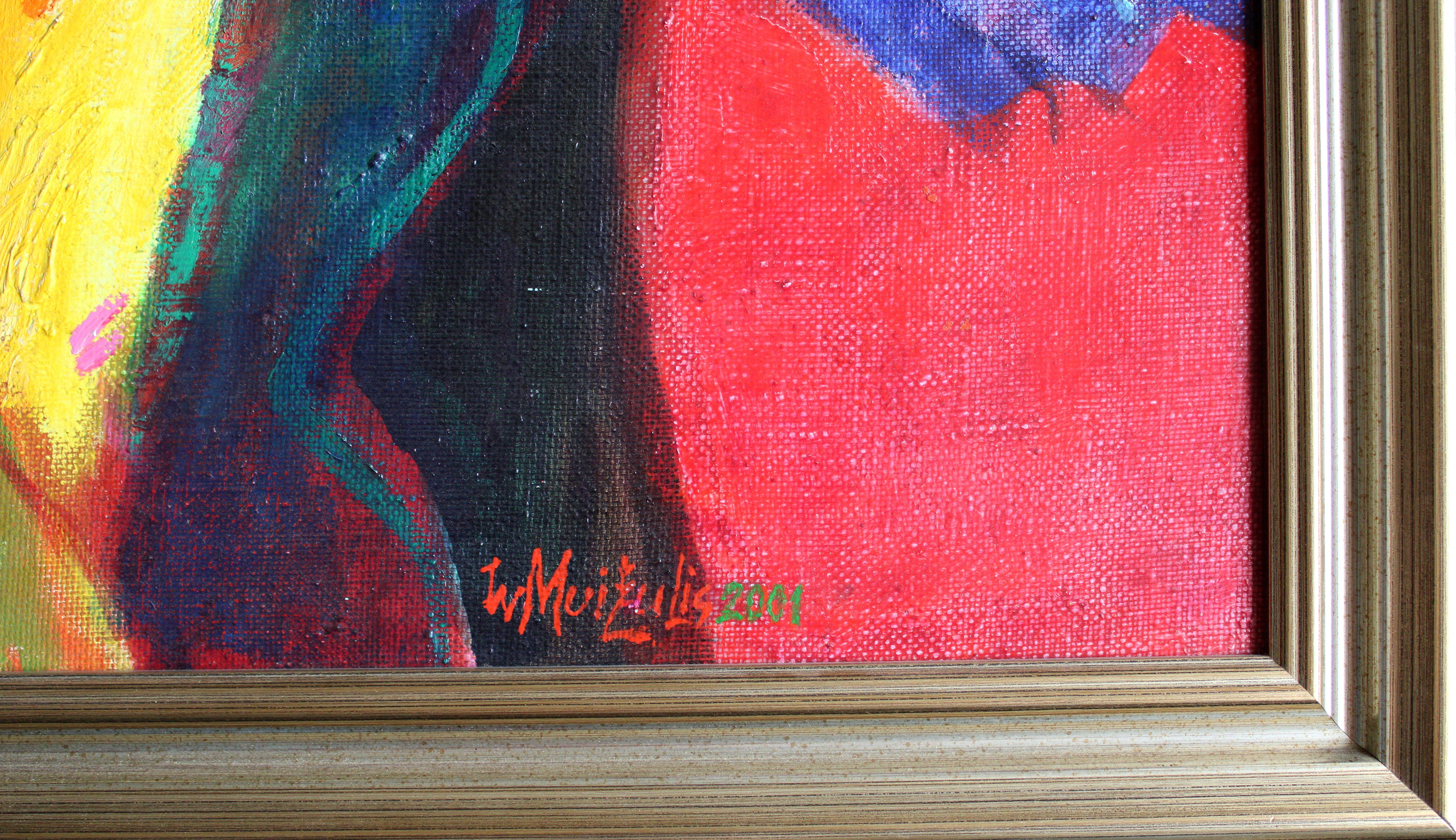 Licht 2001. Leinwand, Öl, 92x65 cm

Das Kunstwerk zeigt eine farbenfrohe und abstrakte Frauenfigur vor einem Hintergrund aus rosa und blauen Farbtönen.

Im Mittelpunkt des Gemäldes steht die abstrakt dargestellte Frauenfigur. Der Künstler verwendet