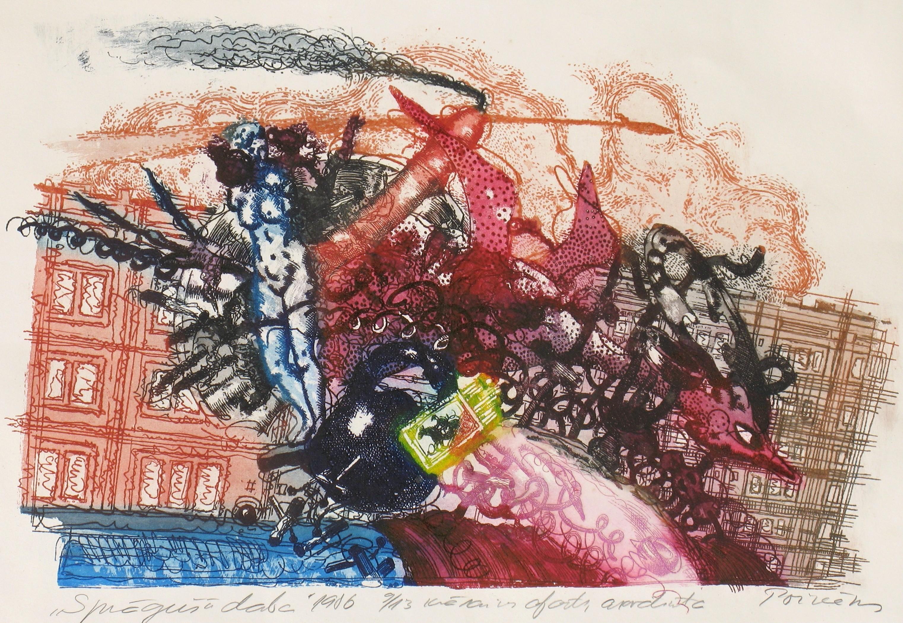 Still-Life Print Ivars Poikans - La nature explose  * 1986. Aquatinte, eau-forte sur papier 9/13. 41x58 cm