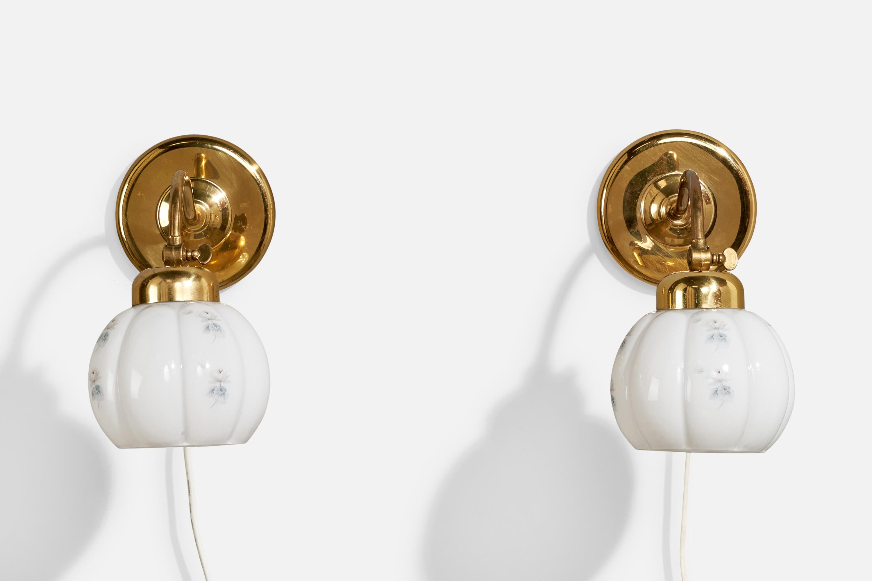 Swedish Ivars, Wall Lights, Brass, Glass, Sweden, 1960s For Sale