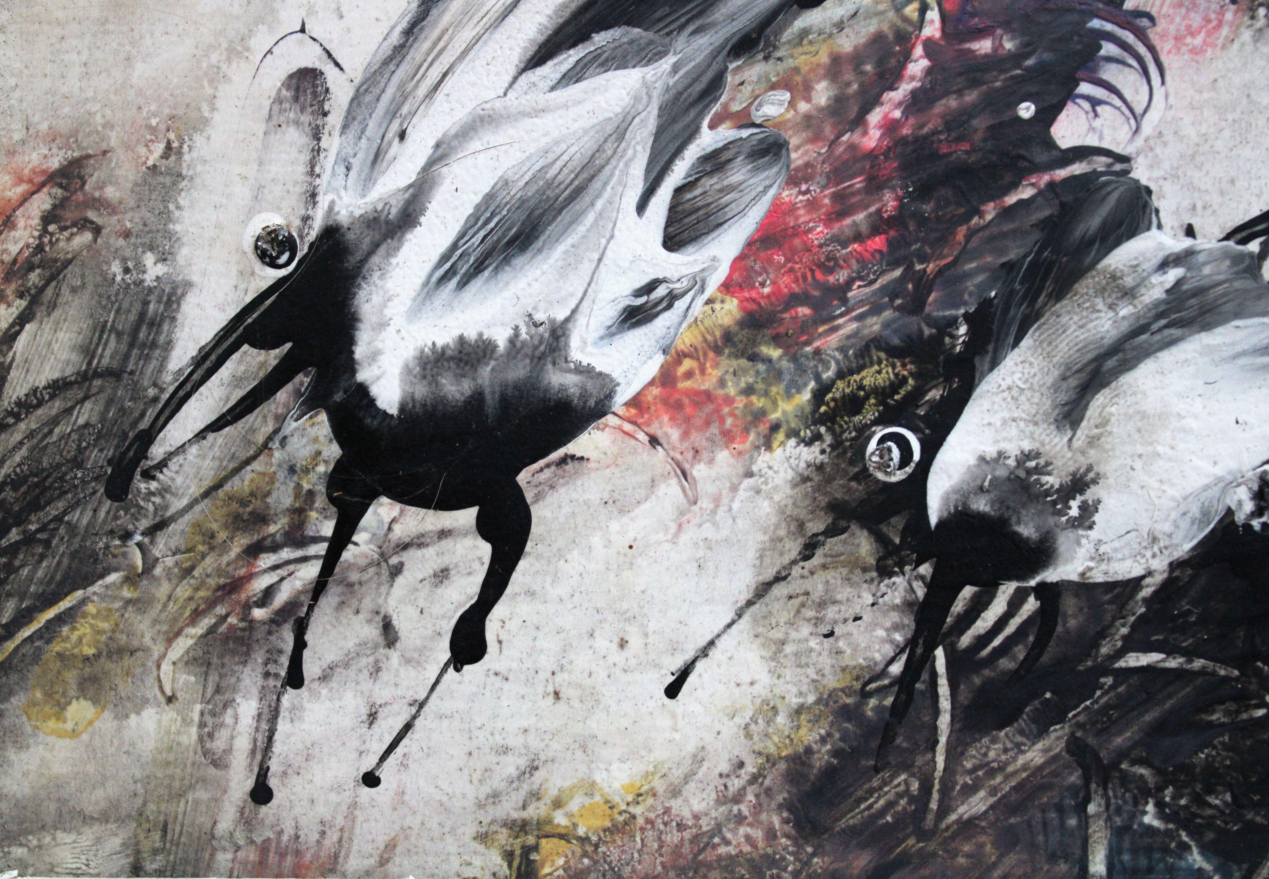 Uccelli. 2003. Cartone, tecnica dell'autore, 19x27 cm - Painting Astratto di Ivars Zaikins 