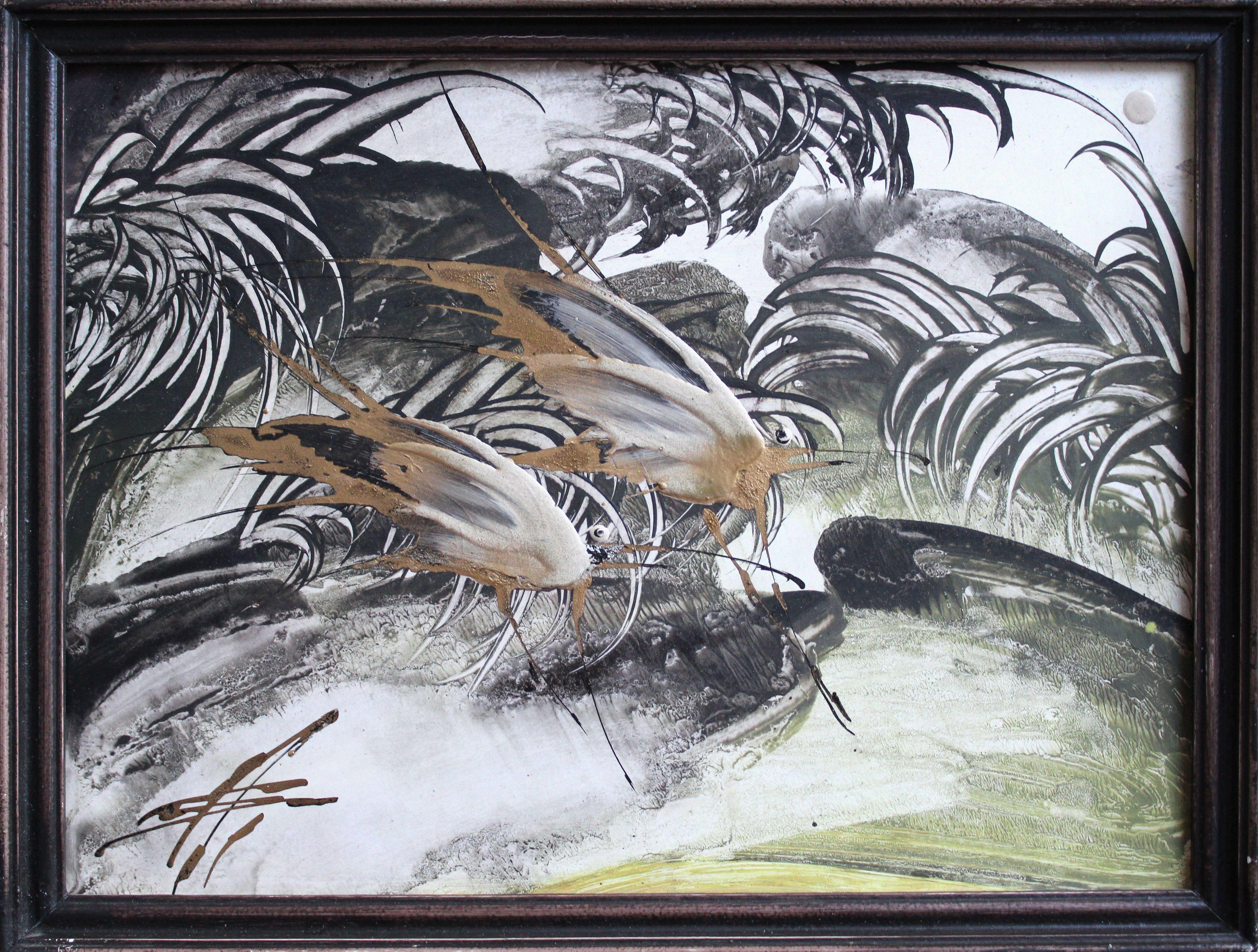 Dream birds. Cardboard, author's technique, 22x30 cm - Painting by Ivars Zaikins 