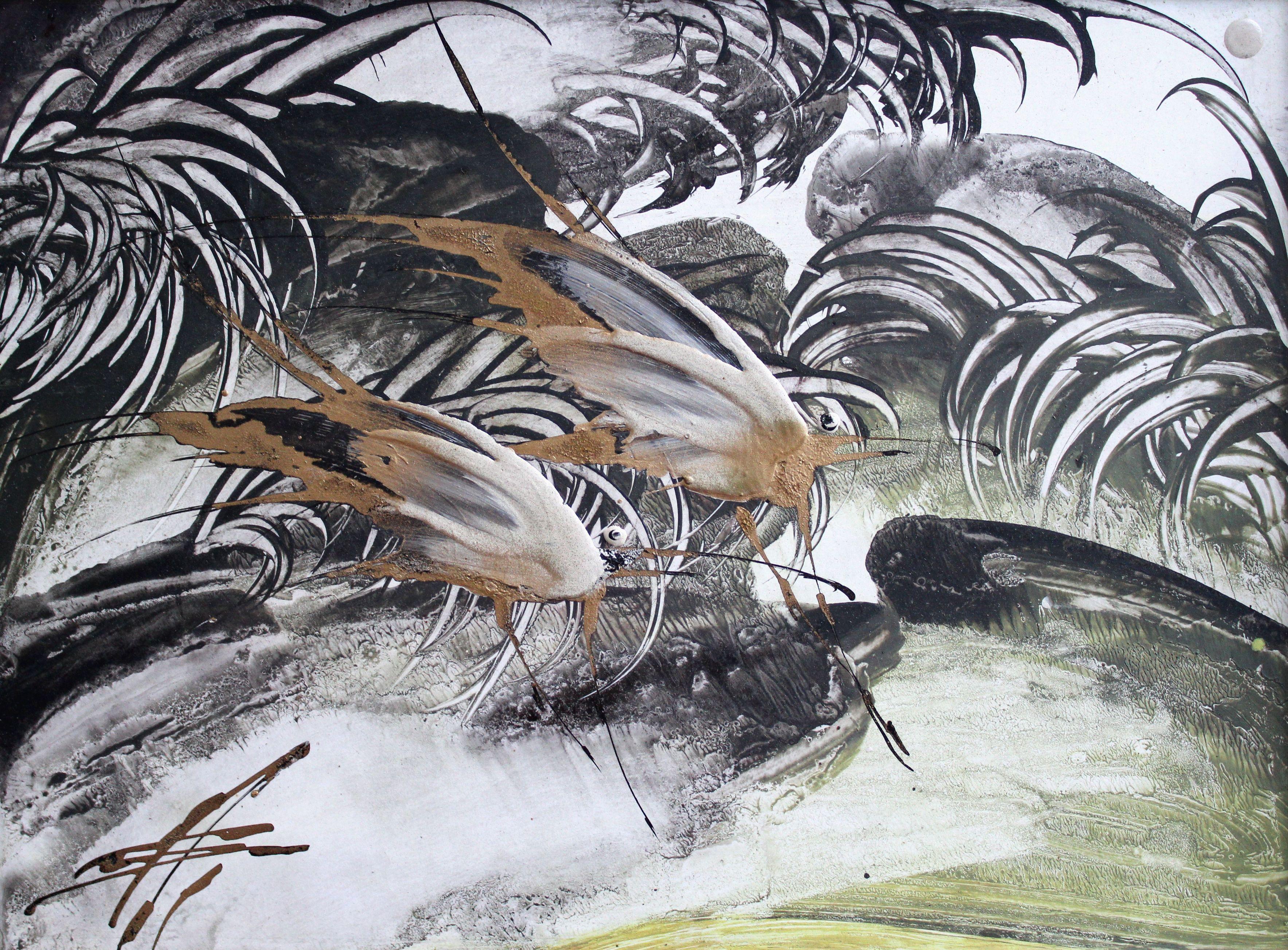 Ivars Zaikins  Animal Painting - Dream birds. Cardboard, author's technique, 22x30 cm