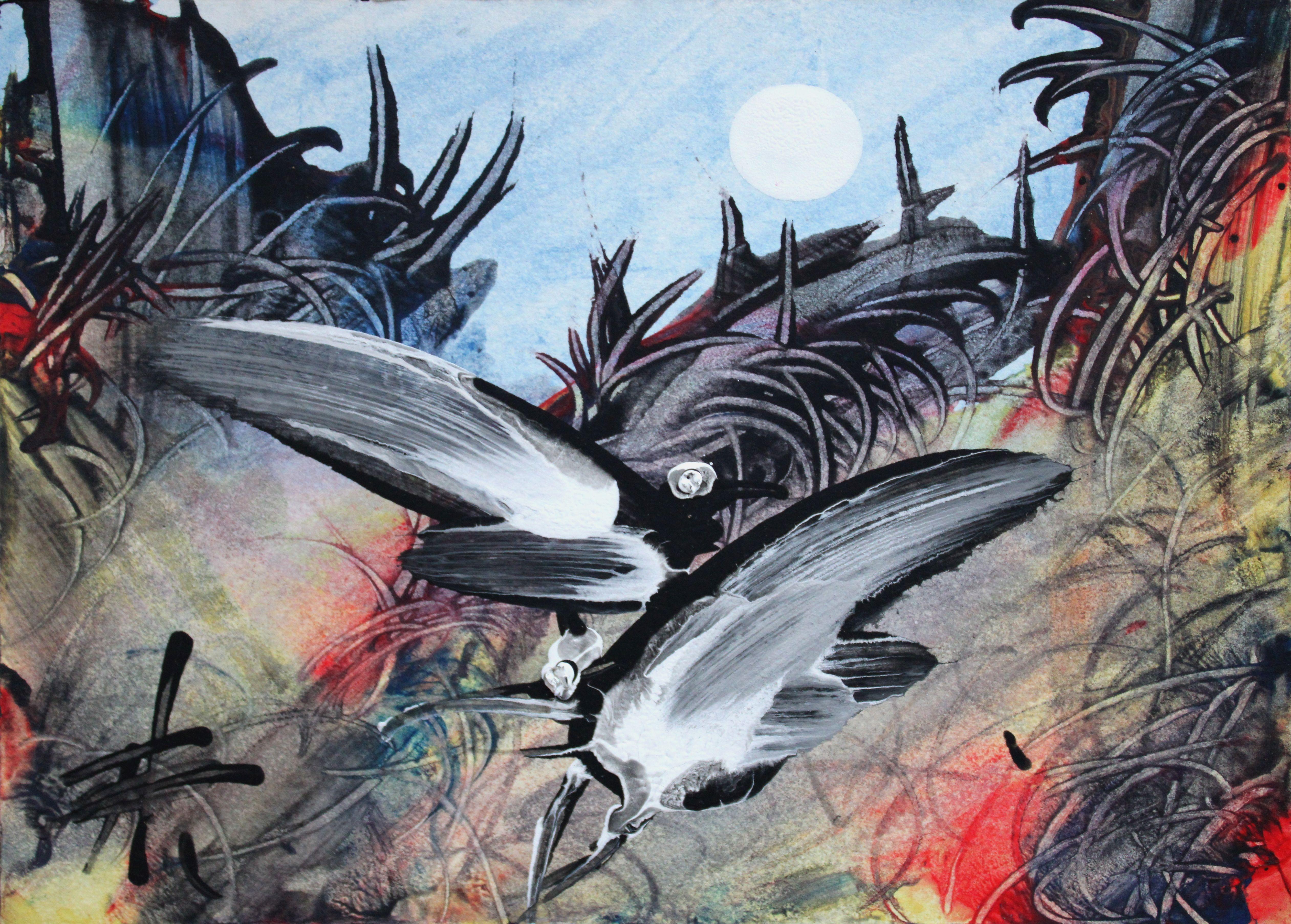 Moonlight birds. 2003. Cardboard, author's technique, 12. 6 x 17. 7 cm