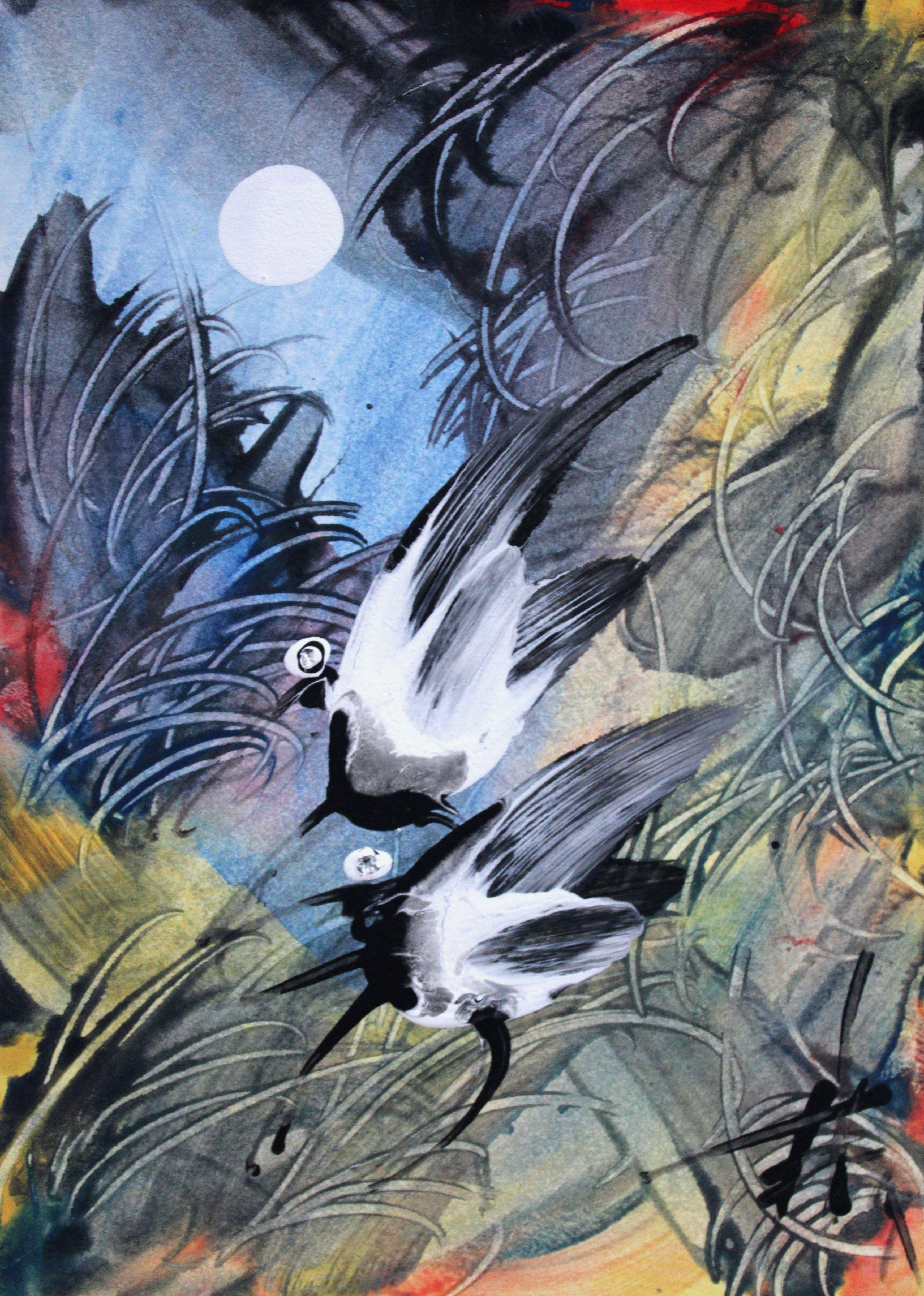 Animal Painting di Ivars Zaikins  - Uccelli al chiaro di luna II. 2003. Cartoncino, tecnica dell'autore, 17. 6 x 12. 7 cm