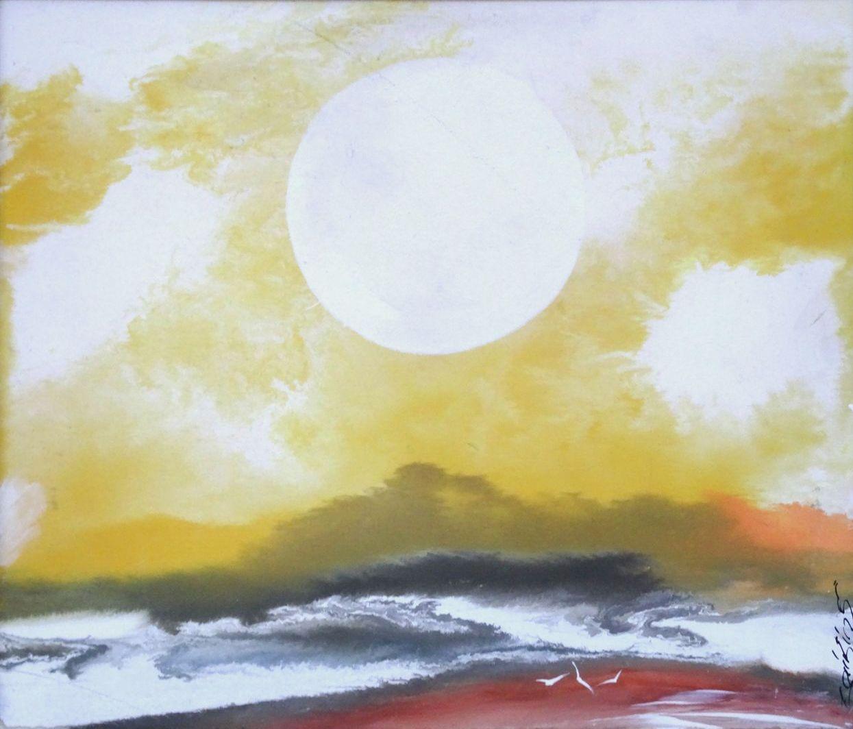 Ivars Zaikins  Landscape Painting - White sun. 2007. Cardboard, mixed media, 52 x 60 cm