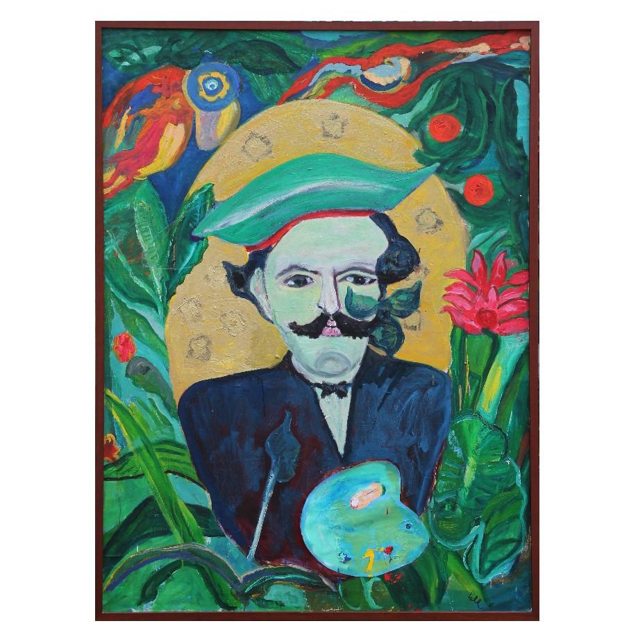 Ivel Weihmiller Figurative Painting - "Homage to Rousseau" Tropical Impressionist Portrait Painting