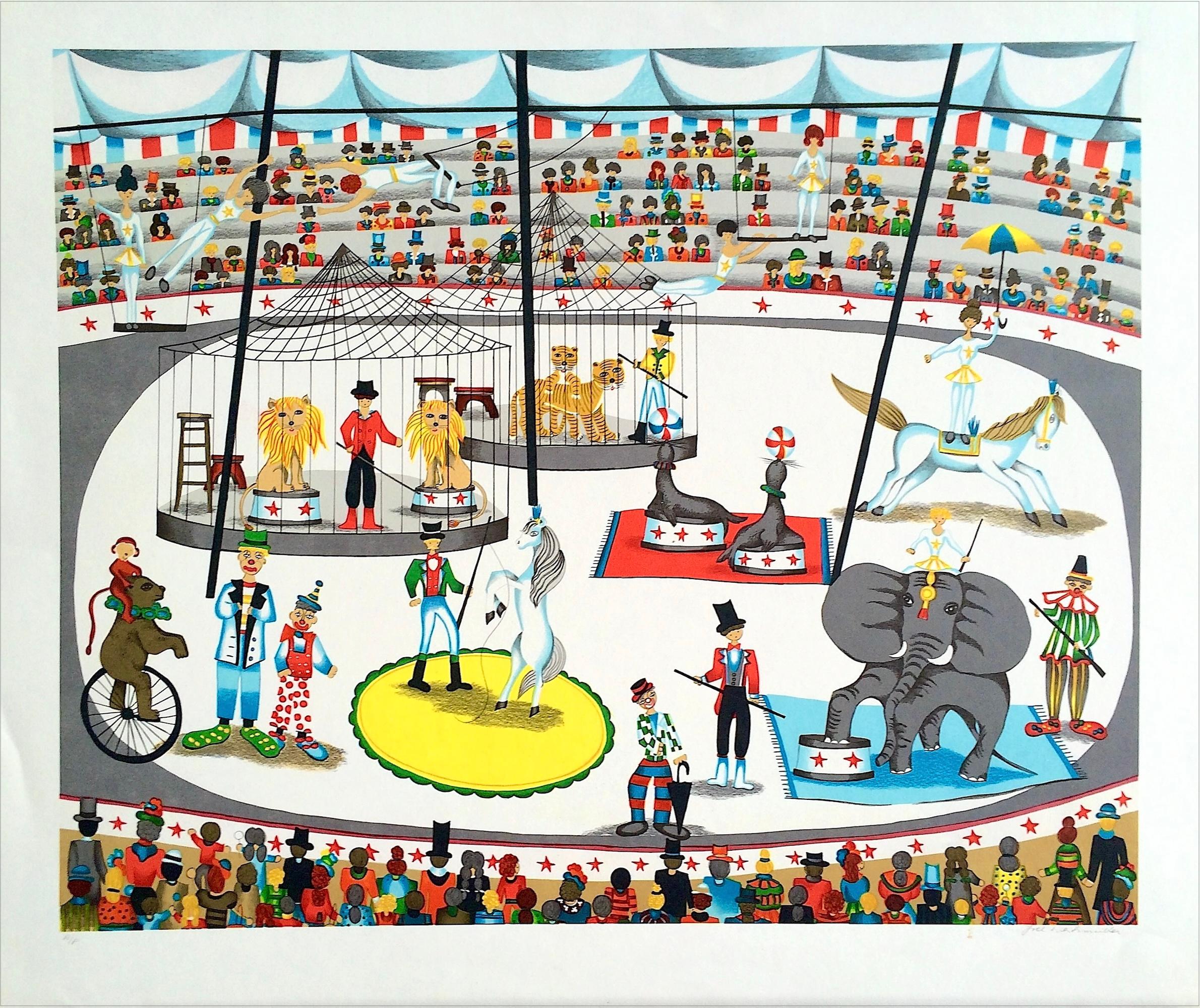 CIRCUS Signed Lithograph, Big Top Tent, Animals, Trapeze Act, Acrobats, Clowns - Print by Ivel Weihmüller