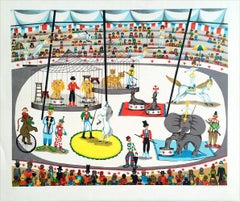 CIRCUS Signed Lithograph, Big Top Tent, Animals, Trapeze Act, Acrobats, Clowns