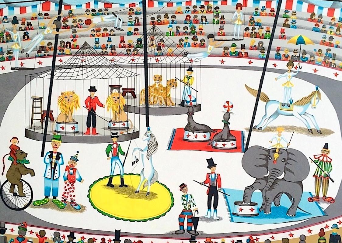 CIRCUS Signed Lithograph, Big Top Tent, Animals, Trapeze Act, Acrobats, Clowns - Contemporary Print by Ivel Weihmüller