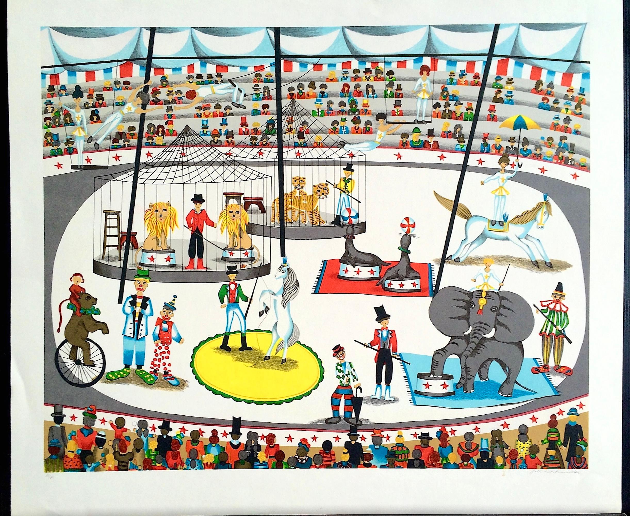 CIRCUS Signed Lithograph, Big Top Tent, Animals, Trapeze Act, Acrobats, Clowns For Sale 3