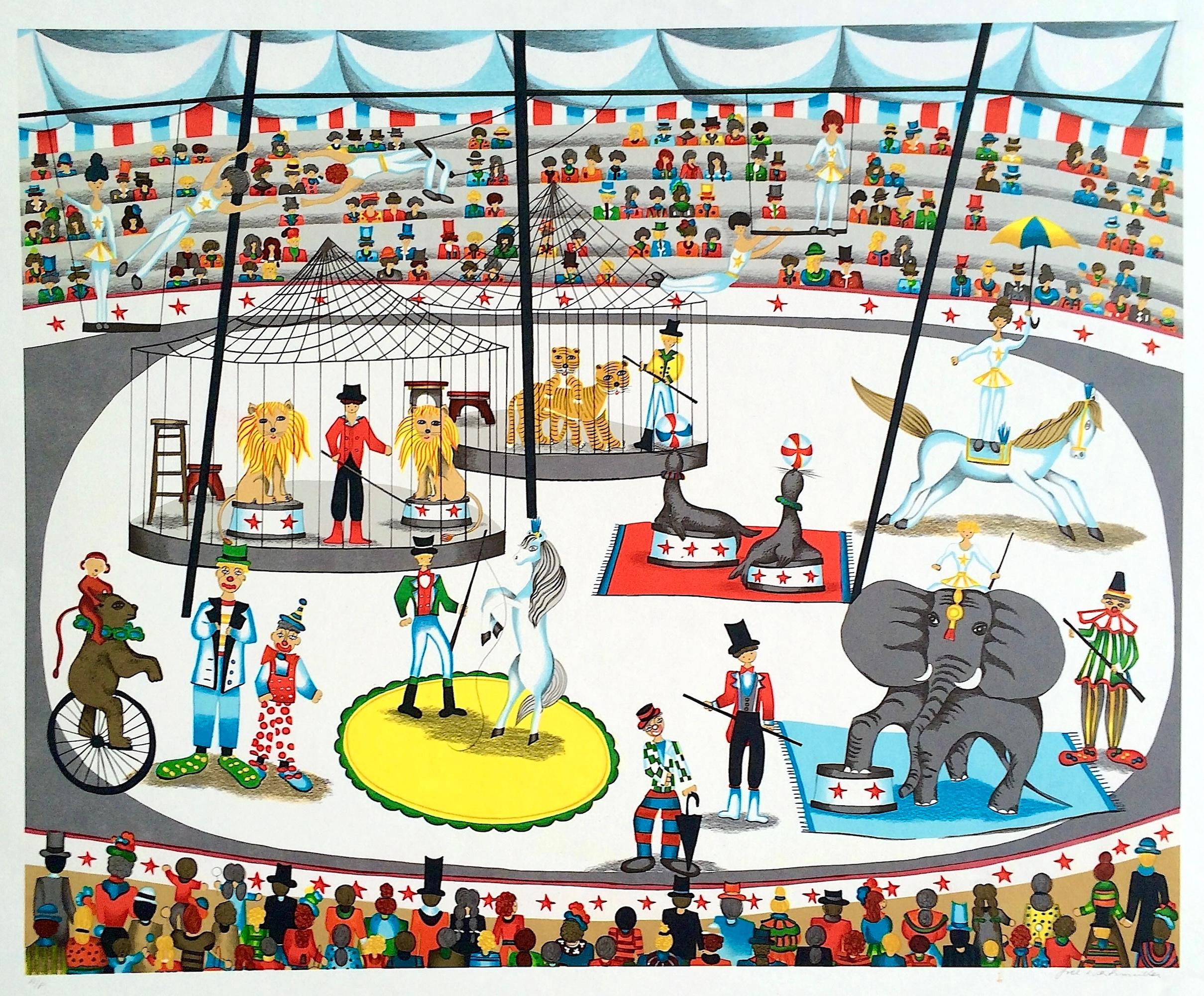 Ivel Weihmüller Figurative Print - CIRCUS Signed Lithograph, Big Top Tent, Animals, Trapeze Act, Acrobats, Clowns