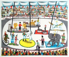 CIRCUS Signed Lithograph, Big Top Tent, Animals, Trapeze Act, Acrobats, Clowns