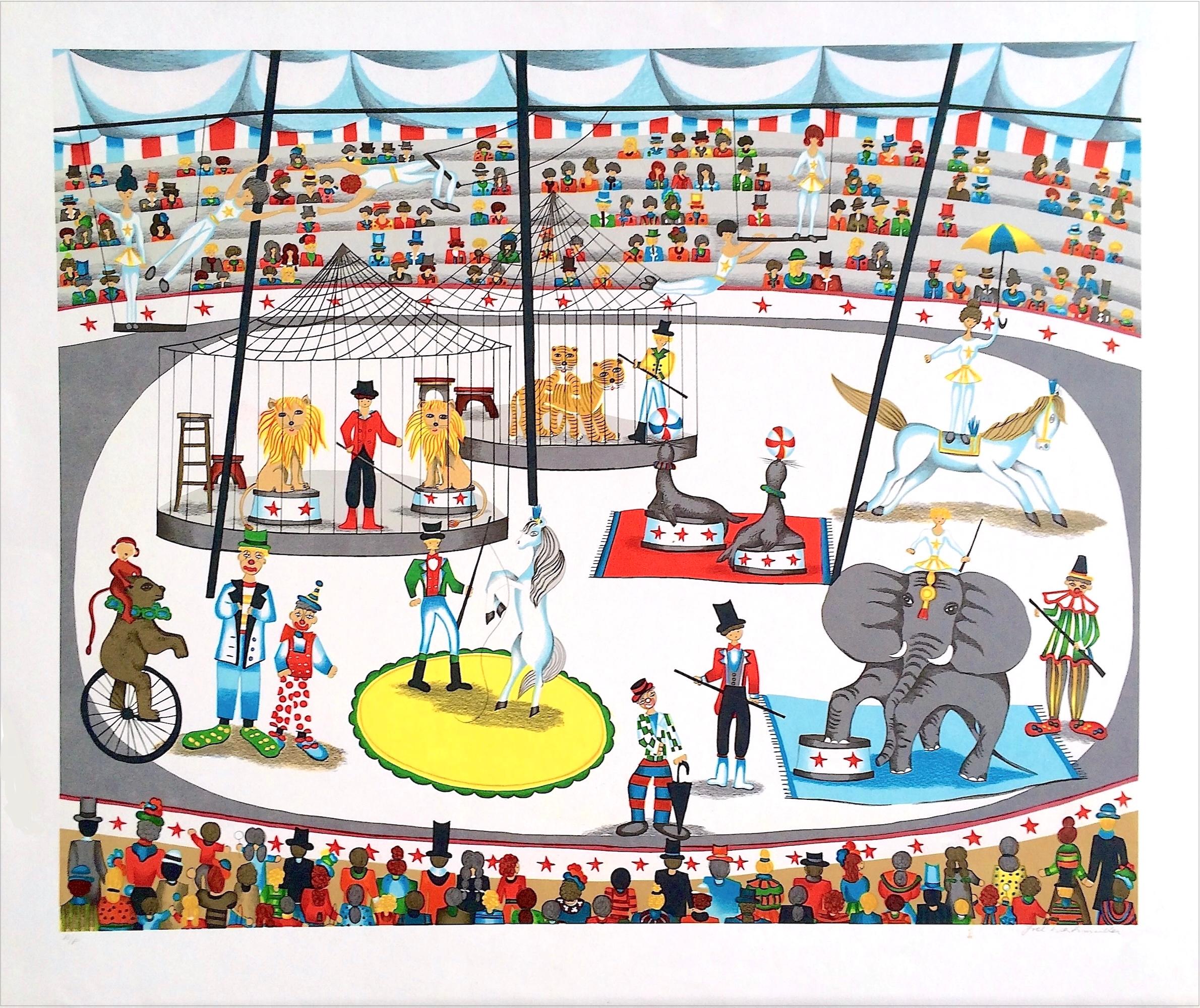 Lithographie signée CIRCUS, chapiteau, animaux, trapèze, acrobates, clowns