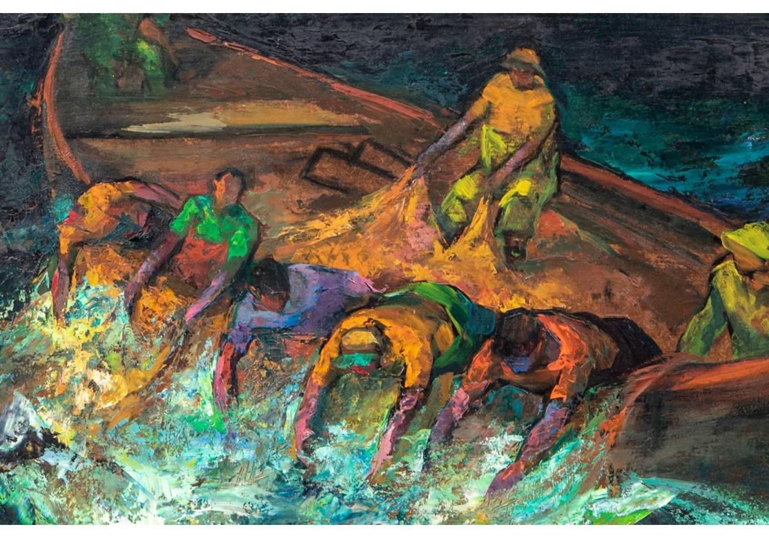 Signed lower right and on the label on the stretcher with title and date 4/1972. A dark colorful scene with a fishing boat on deep green blue seas. 
Site: 19 1/2 x 25 1/2