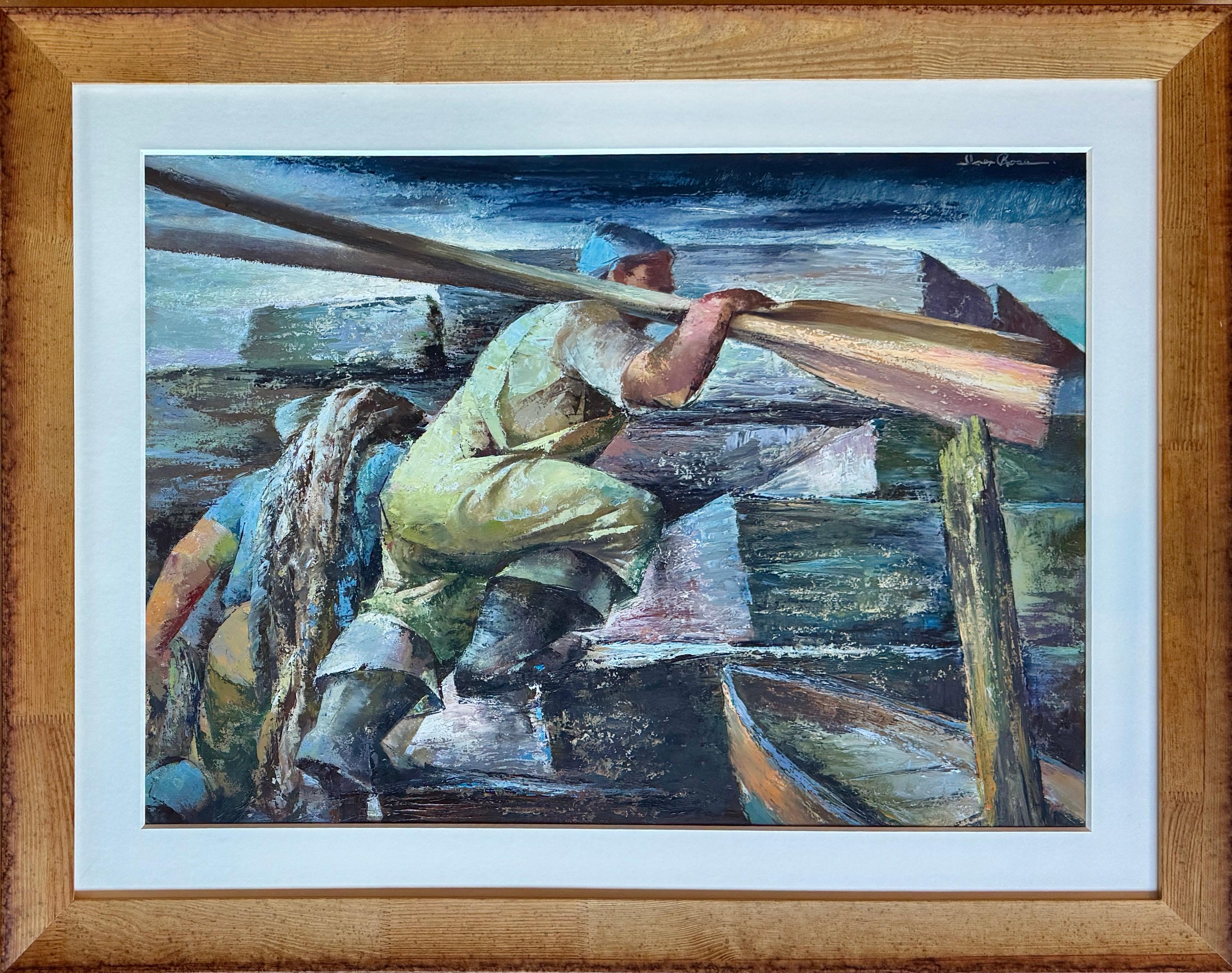 Scène américaine moderne du milieu du siècle, réalisme social et hommes travaillant sur des voies navigables industriels - Painting de Iver Rose