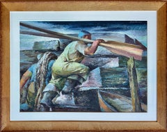 American Scene Mid Century Modern Social Realism Men Working Industrial Waterway