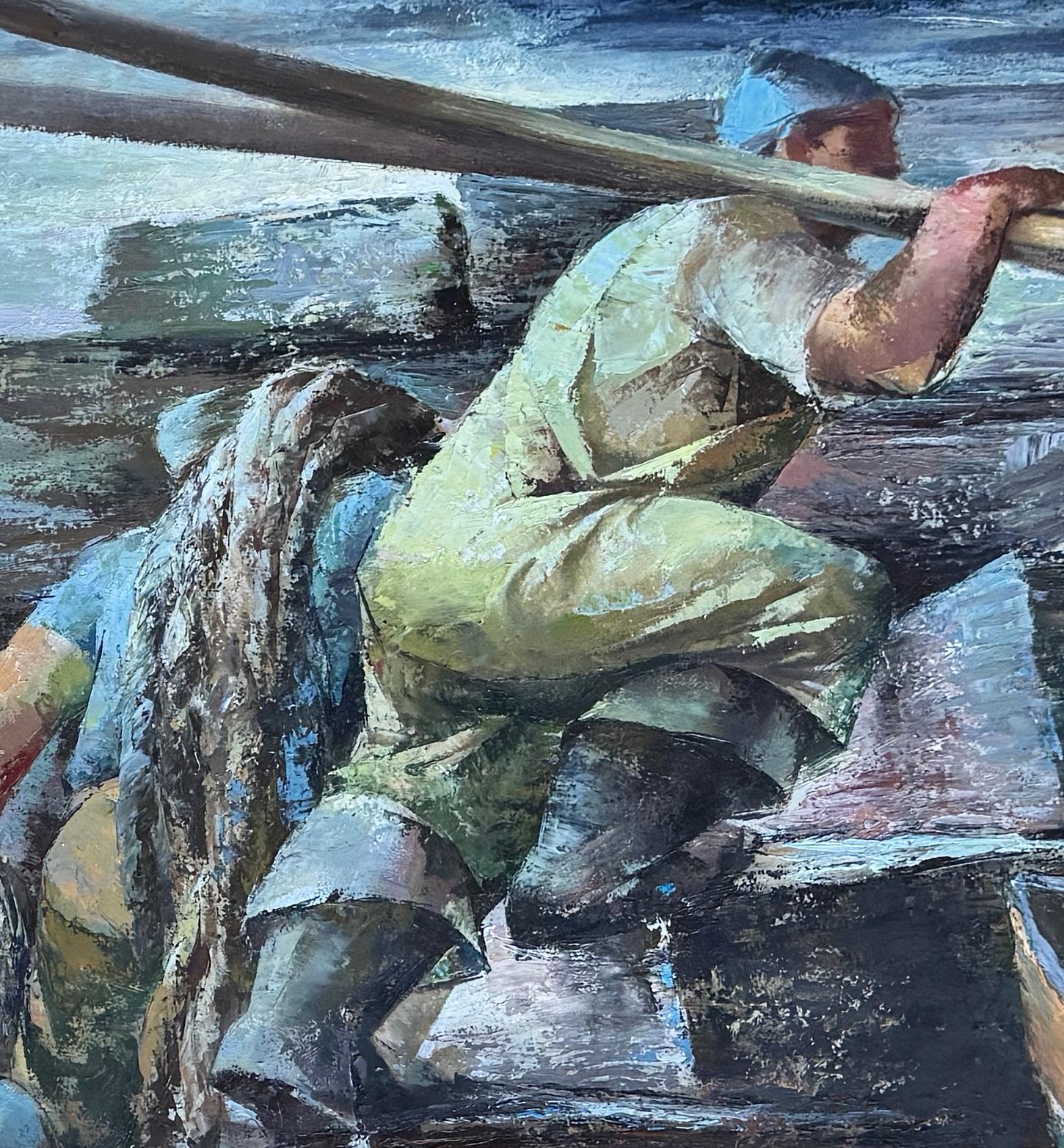 Scène américaine moderne du milieu du siècle, réalisme social et hommes travaillant sur des voies navigables industriels - Modernisme américain Painting par Iver Rose
