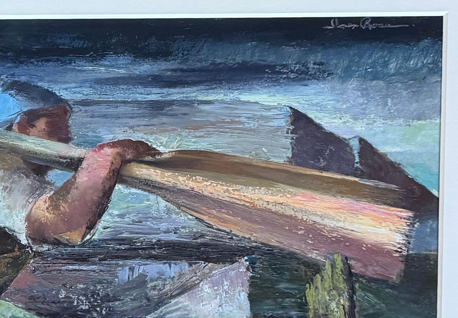 Scène américaine moderne du milieu du siècle, réalisme social et hommes travaillant sur des voies navigables industriels - Noir Landscape Painting par Iver Rose