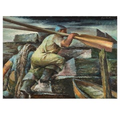 American Scene Mid Century Modern Social Realism Men Working Industrial Waterway