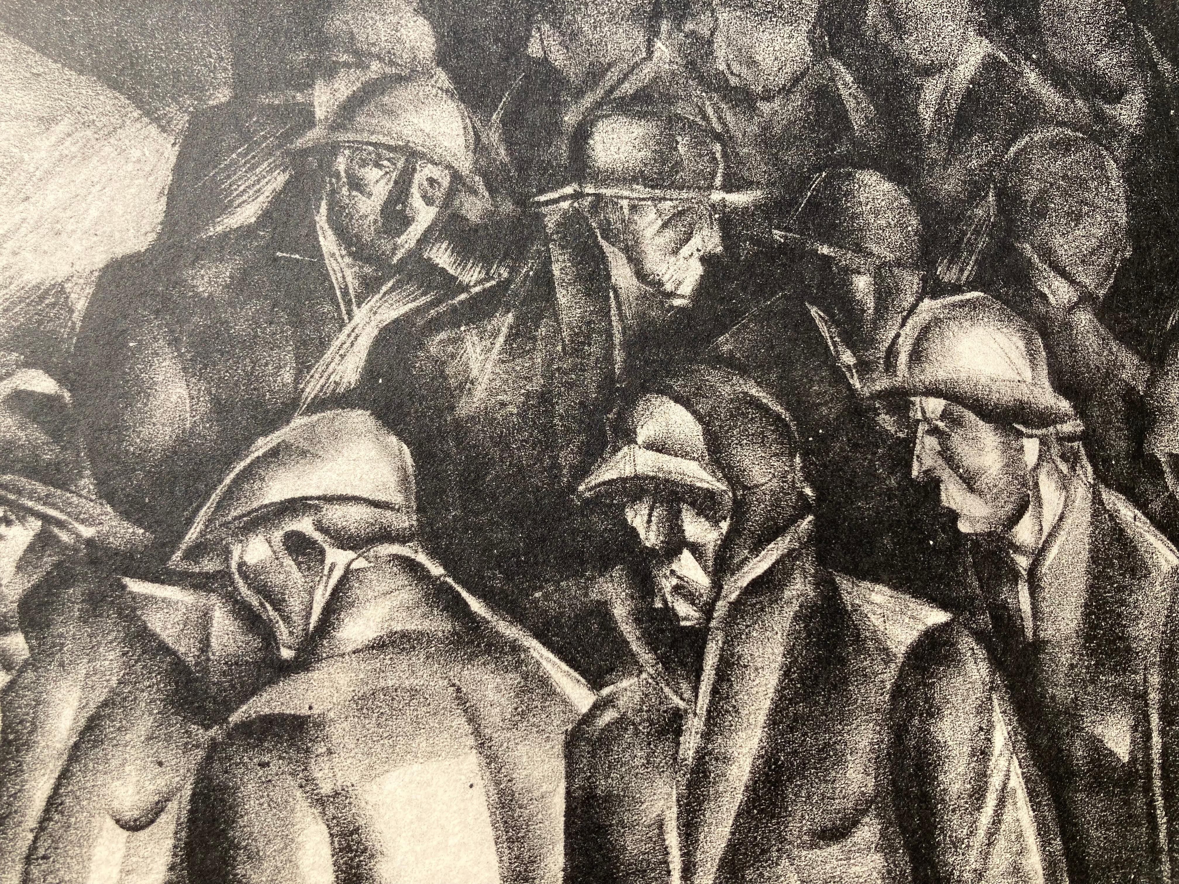 BREAD LINE - Large Strong 30's Modernist Labor Print - Black Figurative Print by Iver Rose