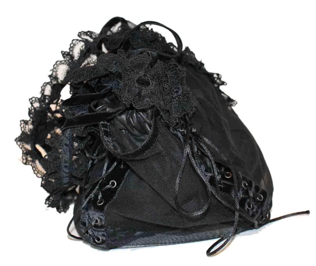 Black nappa lambskin Dual handles featuring lace. Velvet and corset accents. Tonal lining. Drawstring closure.