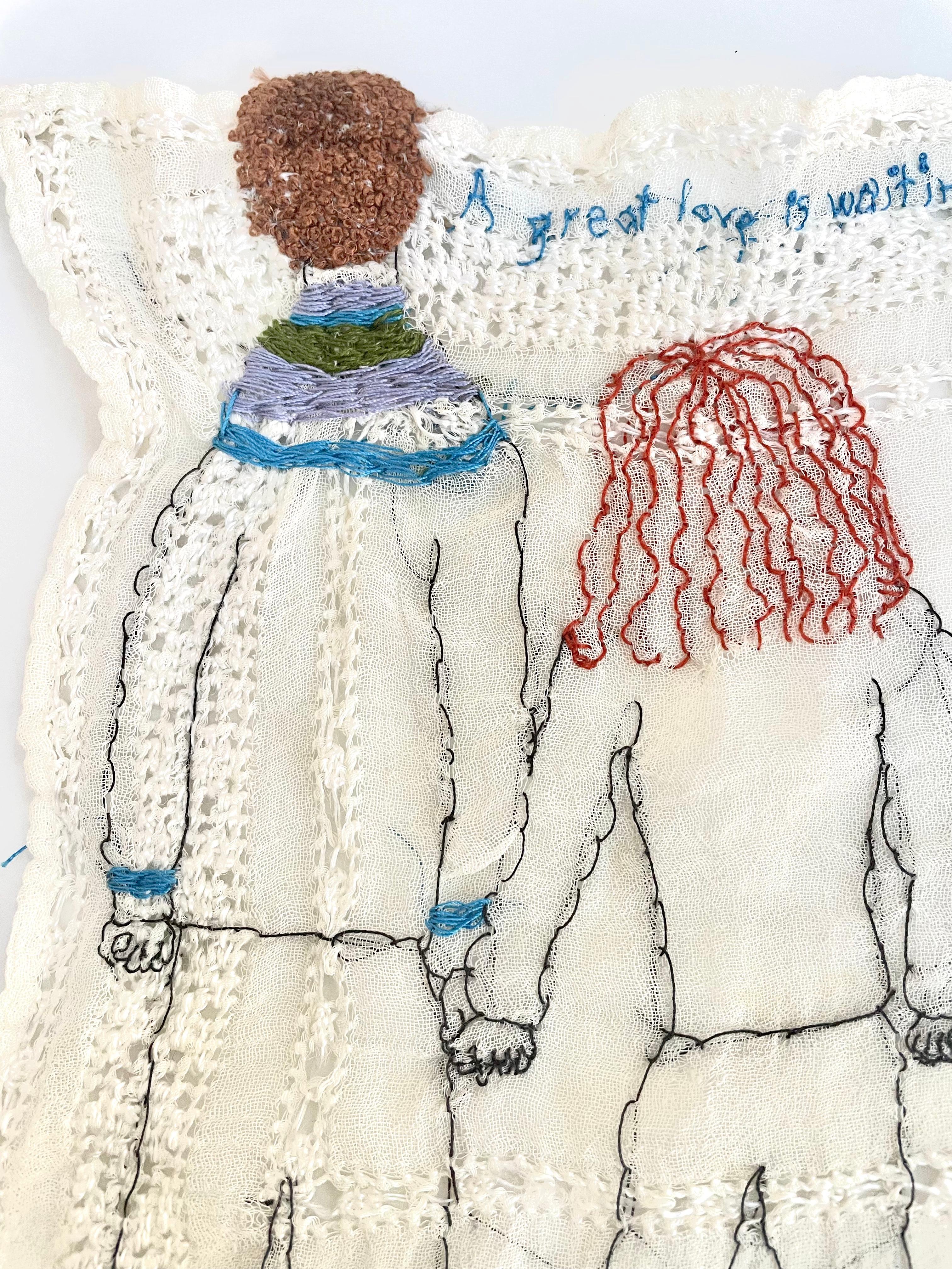 A great love is waiting for us - narrative figurative embroidered fabric - Contemporary Mixed Media Art by Iviva Olenick