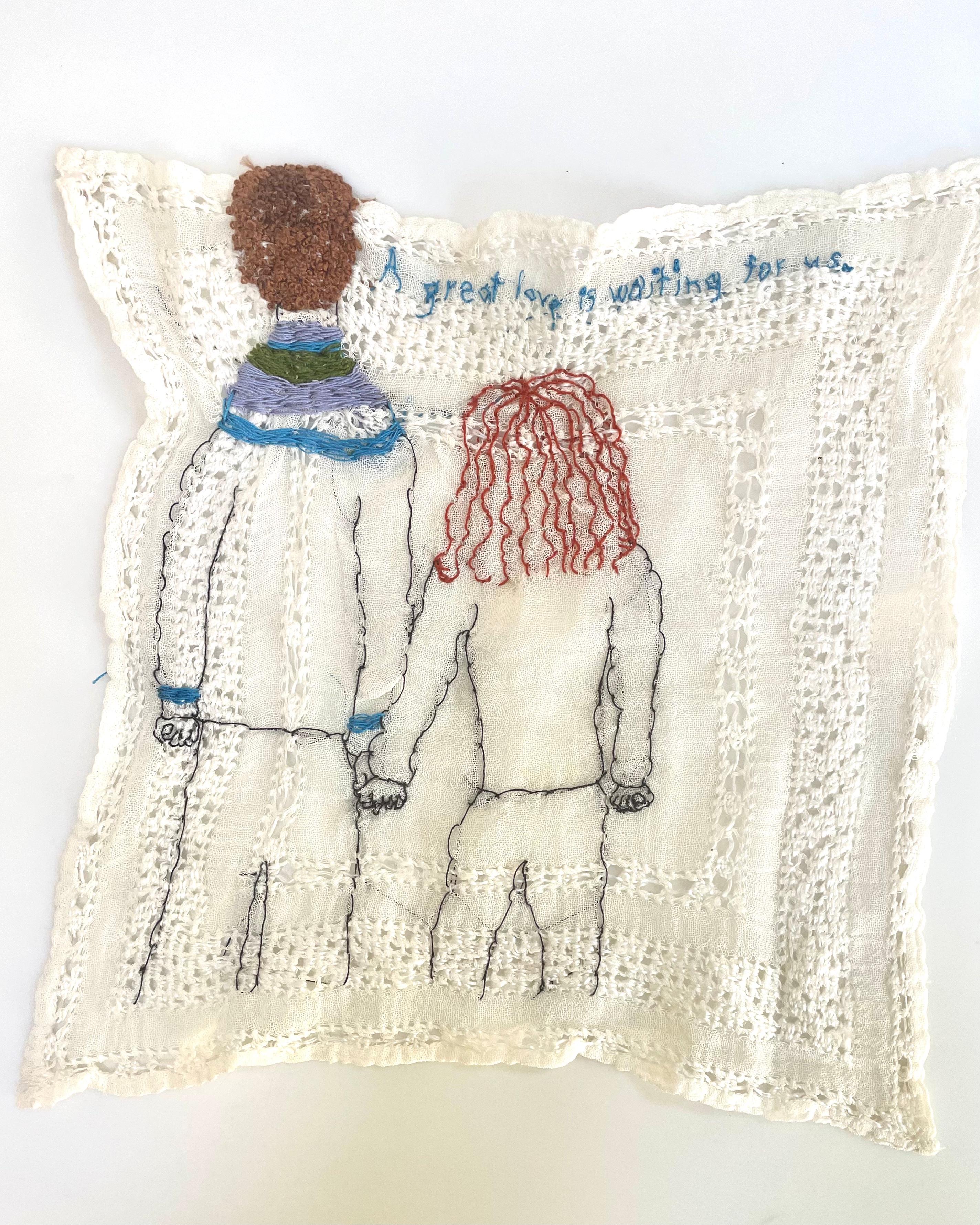 A great love is waiting for us - narrative figurative embroidered fabric - Mixed Media Art by Iviva Olenick