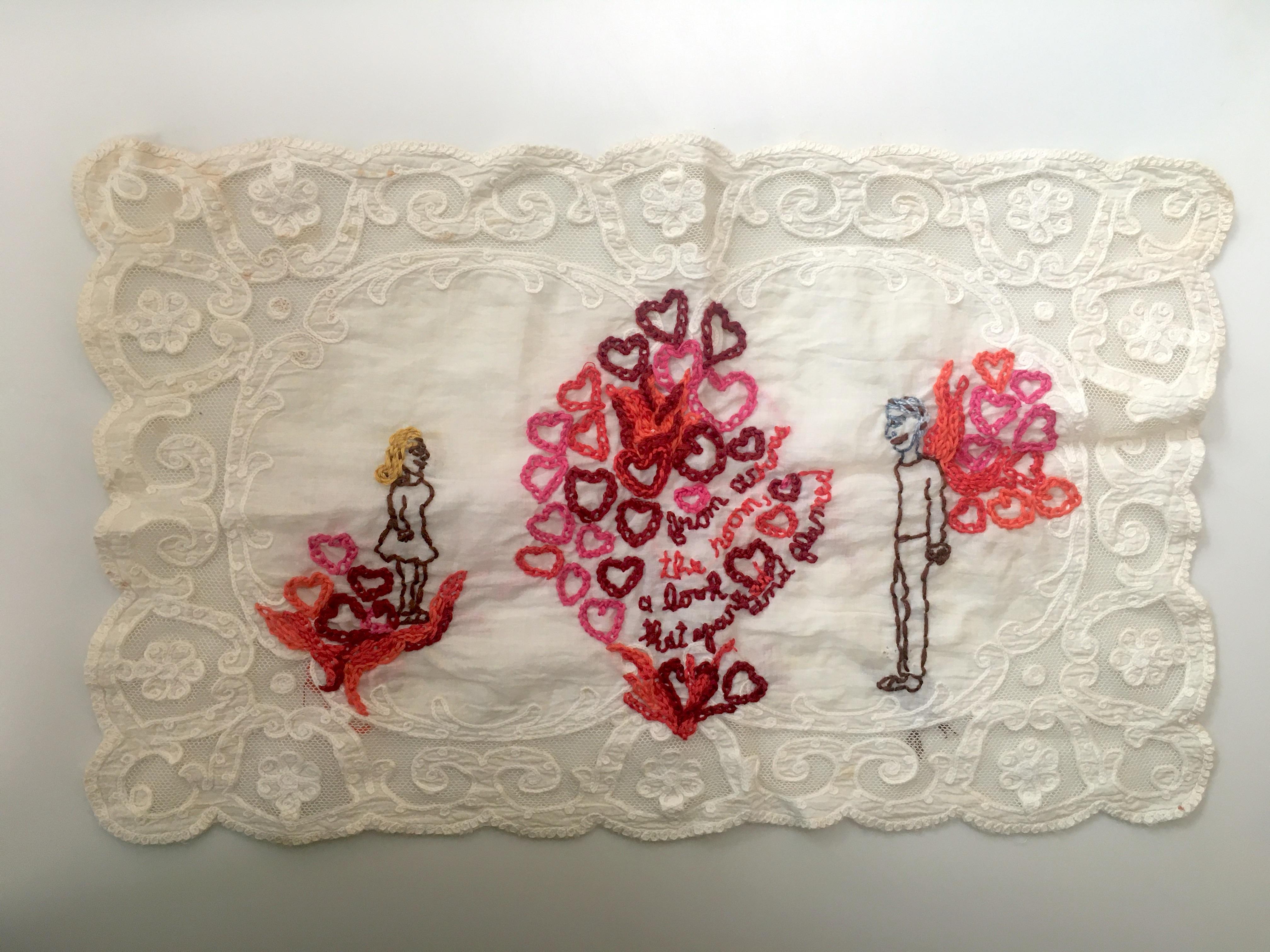 Across the Room - love narrative embroidery with couple on beige vintage fabric - Mixed Media Art by Iviva Olenick