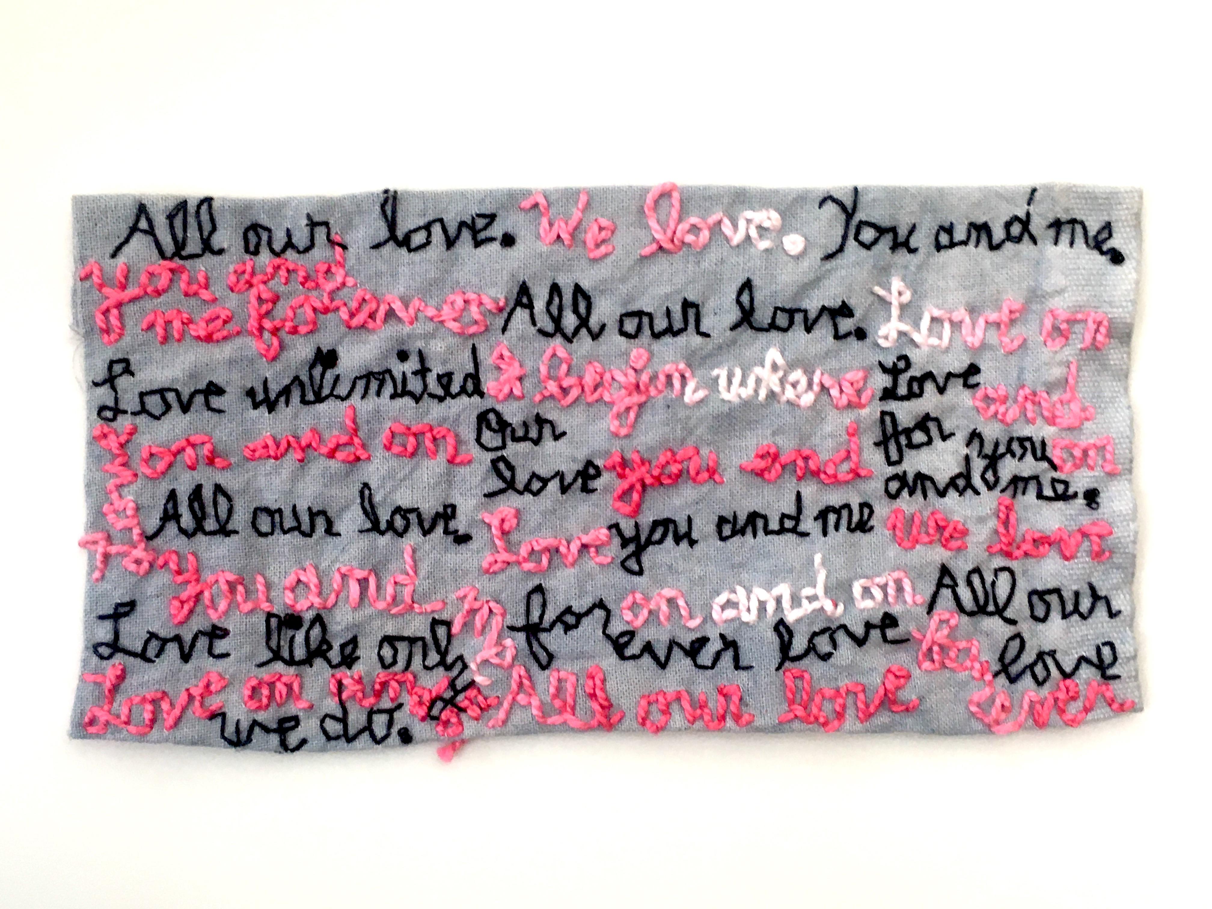 All Our Love - love narrative embroidery white and pink on grey vintage fabric - Mixed Media Art by Iviva Olenick